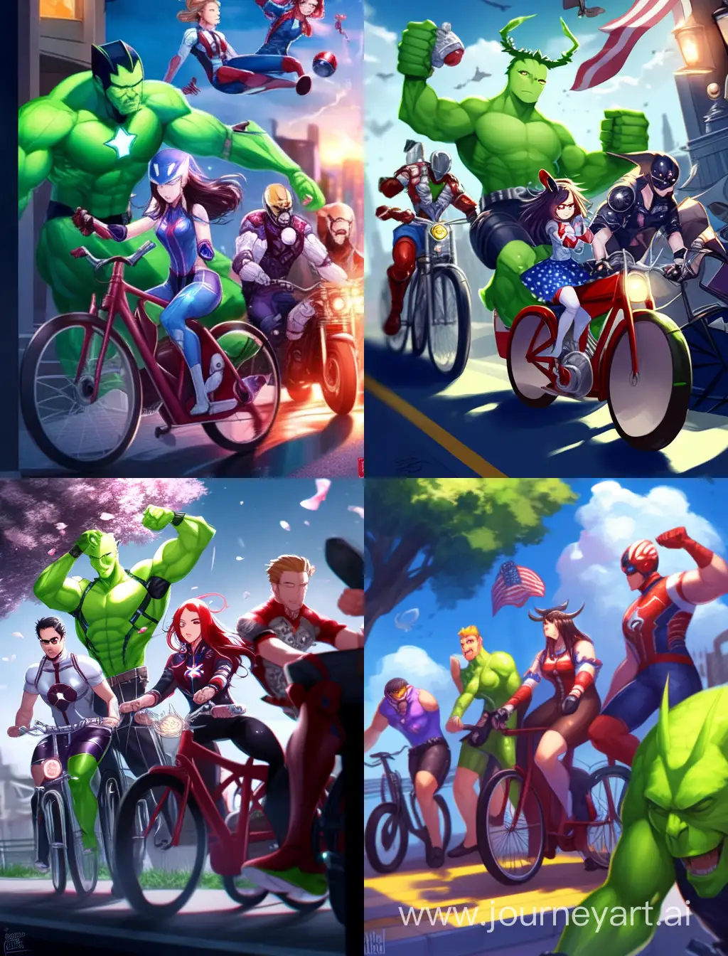 “Hulk”,“Iron Man”,“Captain America”, “Loki” ,“The Scarlet Witch” “Black Widow” .On bicycles with beer in ha