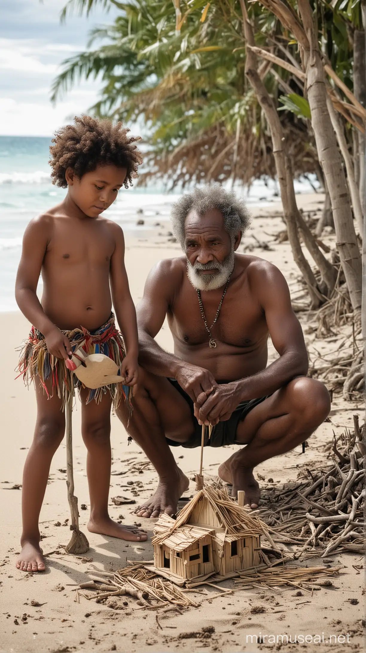 Seorang kakek papua, hitam berambut keriting sedang membuat mainan rumah - rumahan dari kayu dan ditemani dengan cucunya laki laki dan perempuan di pinggir pantai yang indah