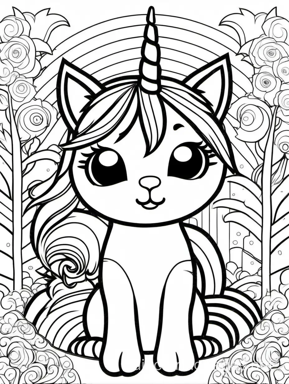 kind happy cat-unicorn, Coloring Page, black and white, line art, white background, Simplicity, Make it easy for young children to color within the lines, no very small details, Coloring Page, black and white, line art, white background, Simplicity, Ample White Space. The background of the coloring page is plain white to make it easy for young children to color within the lines. The outlines of all the subjects are easy to distinguish, making it simple for kids to color without too much difficulty