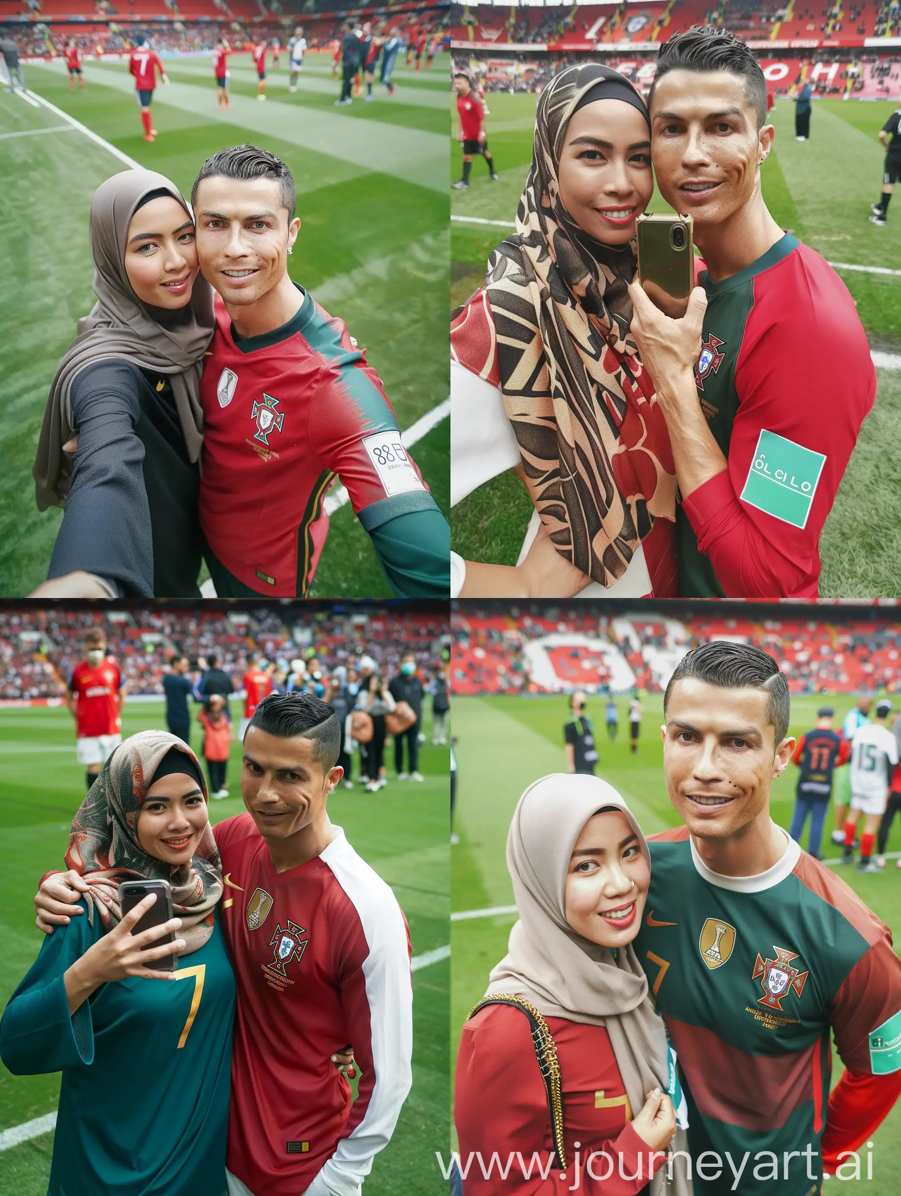 Potrait menghadap kekamera Seorang wanita cantik indonesia hijab mengenakan baju jersey portugal. Wanita itu sedang berfoto bersama seorang Cristiano Ronaldo yang mengenakan jersey Portugal.mereka berfoto di atas rumput lapangan stadium old Trafford yang banyak orang. Kualitas 8K HD. foto asli.