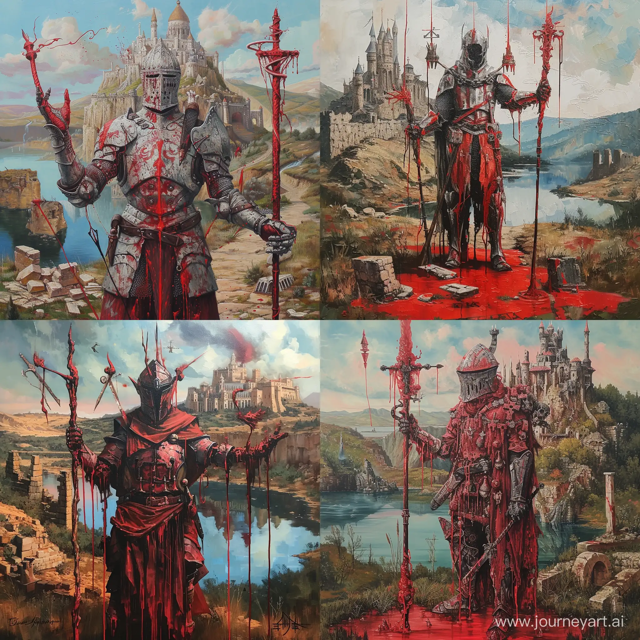 the painting is made in a traditional style, the painting is made with oil paints and brushes, the painting depicts a knight magician with a staff and a sword in different hands, the painting has red oil paint, there is a magic academy in the background, the magic academy is located on a hill and surrounded by a lake, there are ruins next to the knight magician