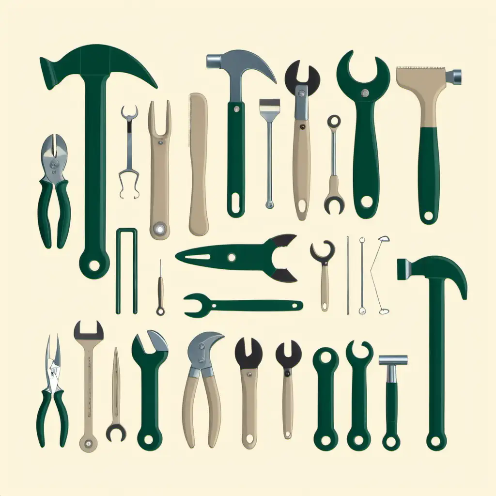 Home Tools in Beige and Dark Greens Colors for Stylish DIY Projects