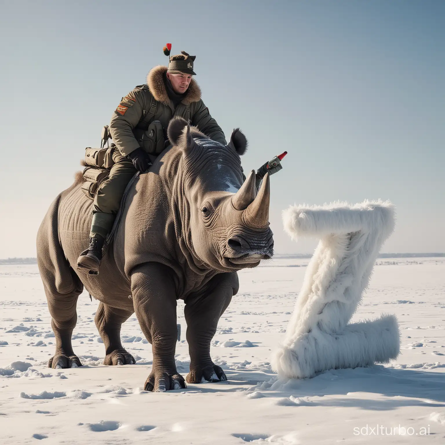 русский человек в военной форме  на мохнатом носороге с буквой Z на боку . Всё это происходит в суровой зиме рядом в воздухе дрон 
