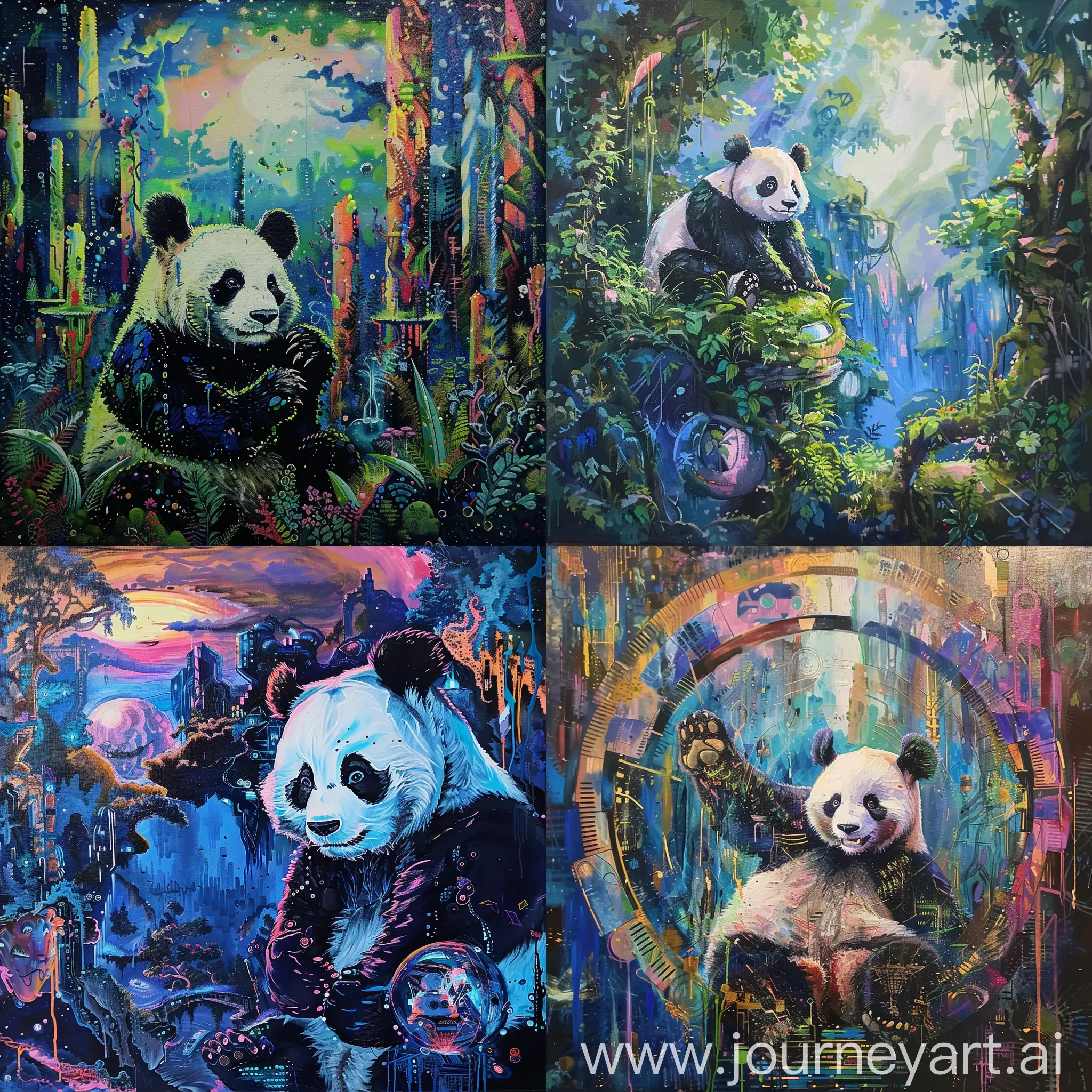 gaint panda in the future world, x Miyazaki Hayao style, acrylic painting


