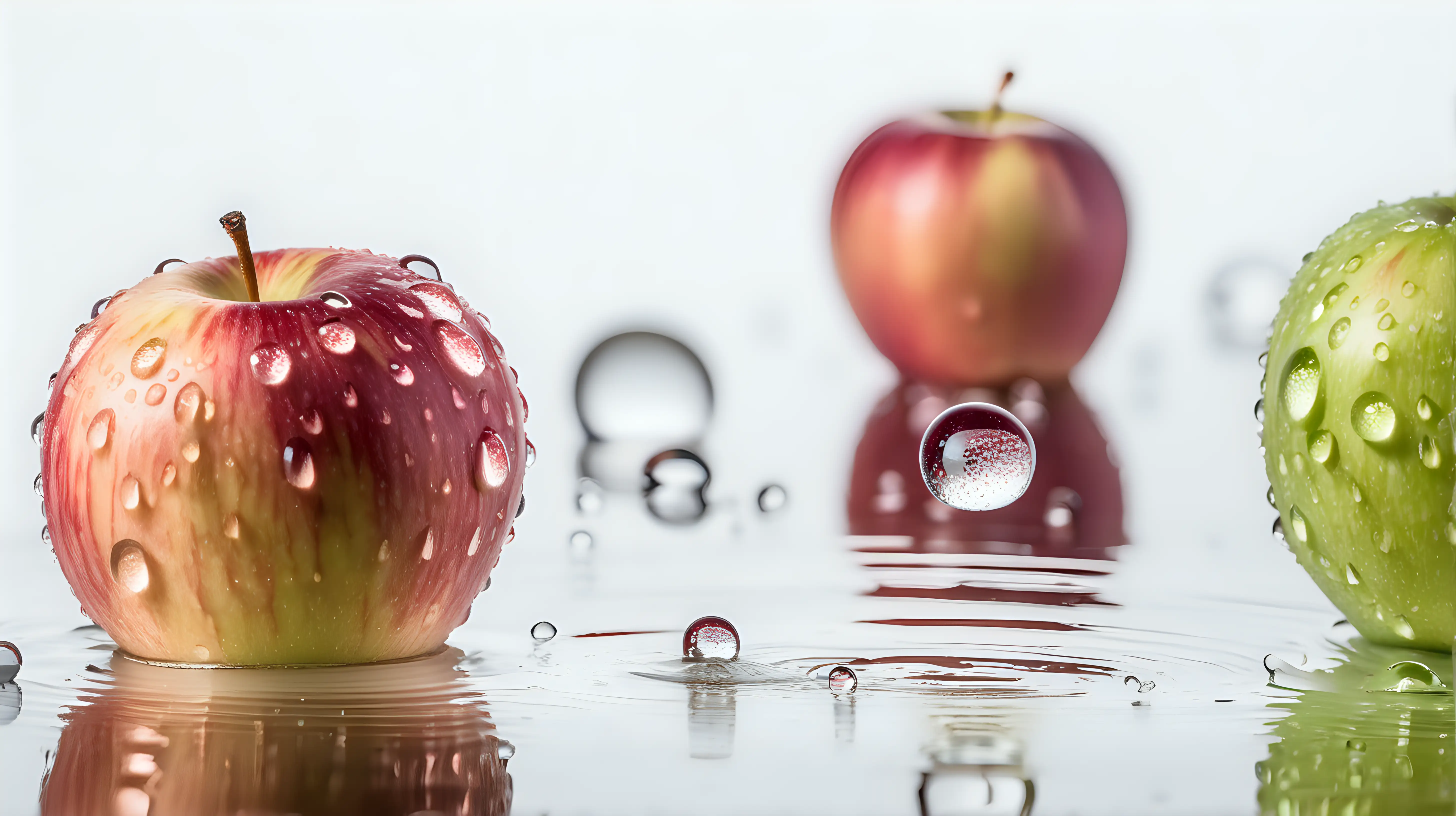 Glistening Dewdrops: Focus on the water droplets clinging to the surface of the apple, reflecting light against the white backdrop. Capture the details of each droplet to add a touch of freshness to the image.



