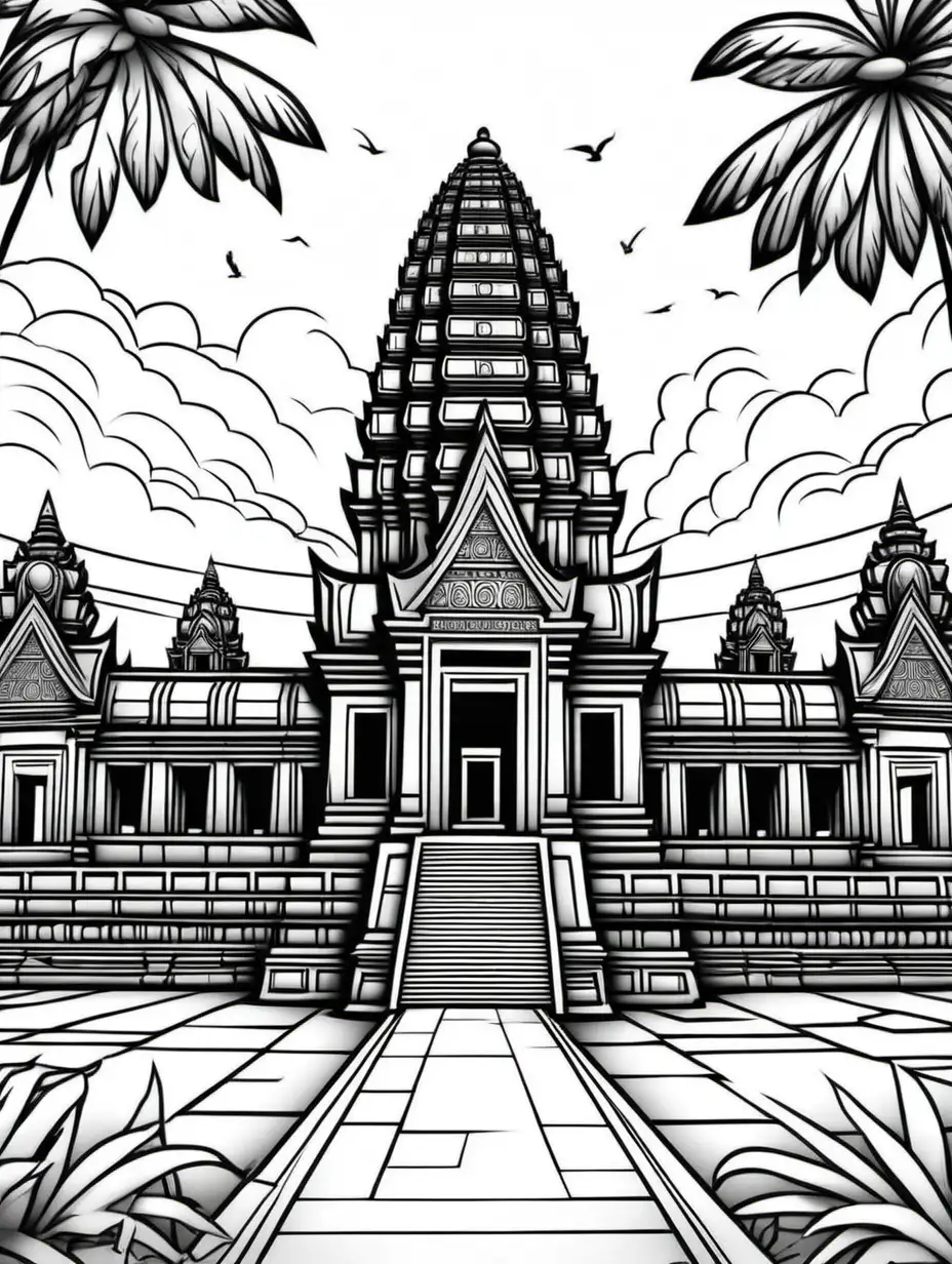 create a tall coloring page for adults of angkor wat with black outlines, only white fill, no shading