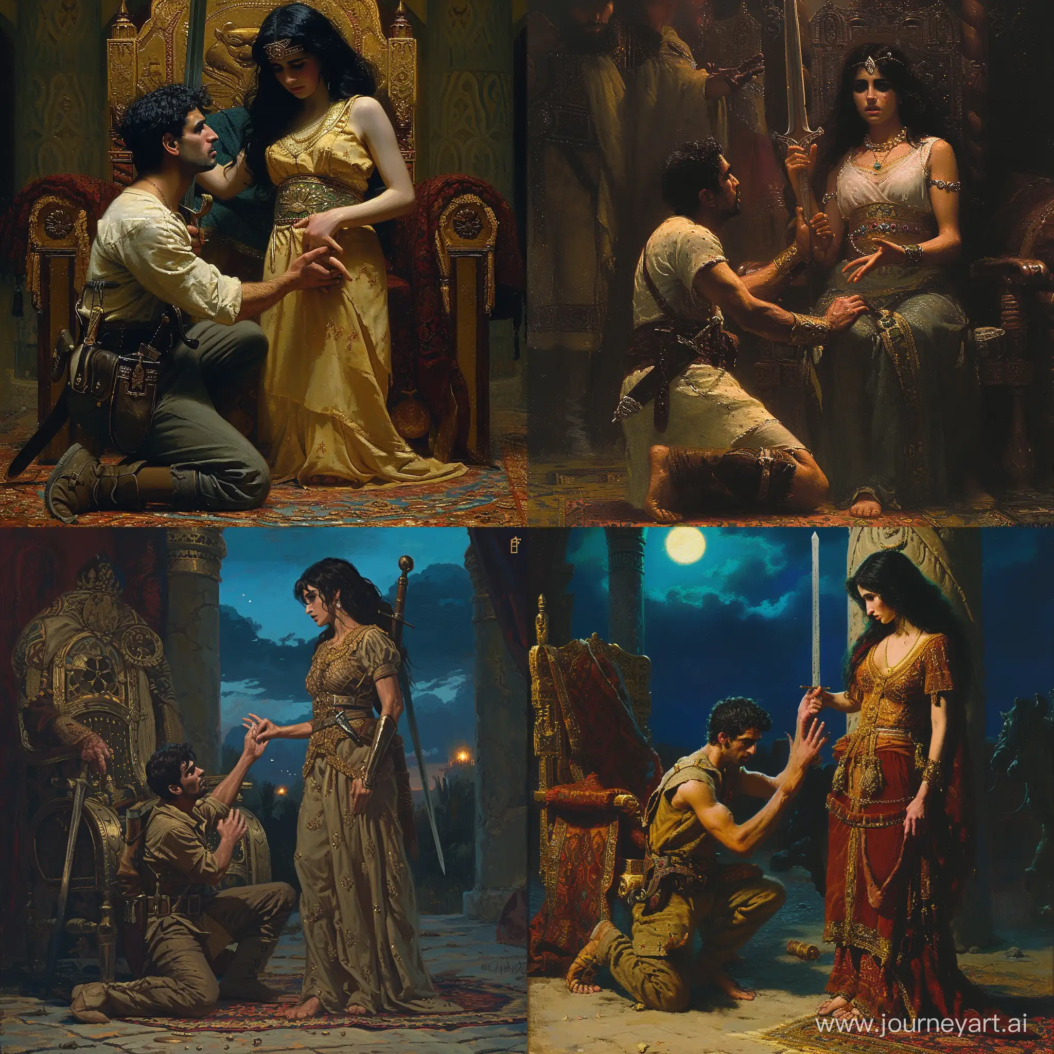 The Arab soldier is kneeling in front of the beautiful Persian princess out of fear, and his hands are begging, it is night, and the princess has a sword in her hand, and the princess is sitting on the king's chair.