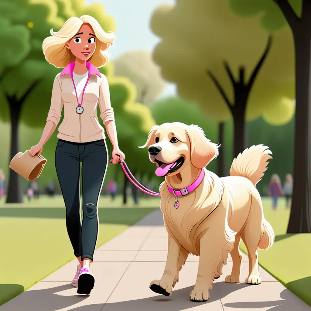 a cartoon illustration of a cream colored golden retriever wearing a pink collar  walking in a park on a leash with her blonde haired female owner. 