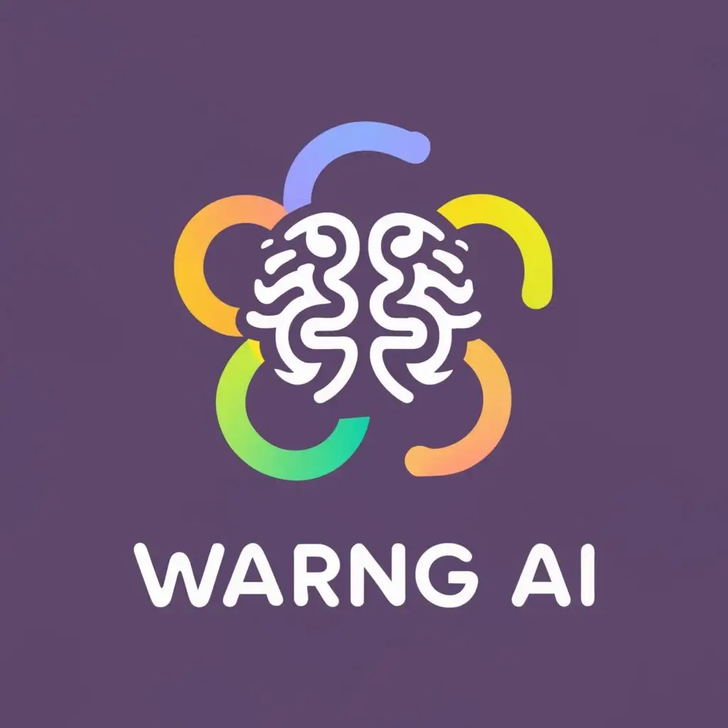 logo, brain logo, make simple, unique, colorful, elegant and futuristic pentagram logo with purple, yellow, blue, yellow and black gradient background, with the text "Warung AI", typography, be used in Technology industry, with the text "Warung AI", typography, be used in Education industry