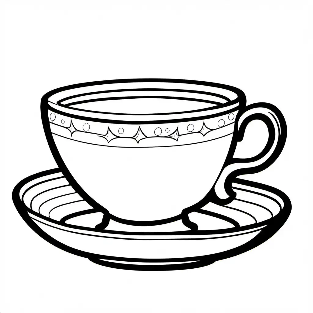 a cute teacup, outlines, kids colouring page, black and white: 1.5, white png background, flat 2d  –no shading, gradient, colors: 1.5, saturation:1.2, colored, shadow: 1.1, 3d -- ar 9:11
