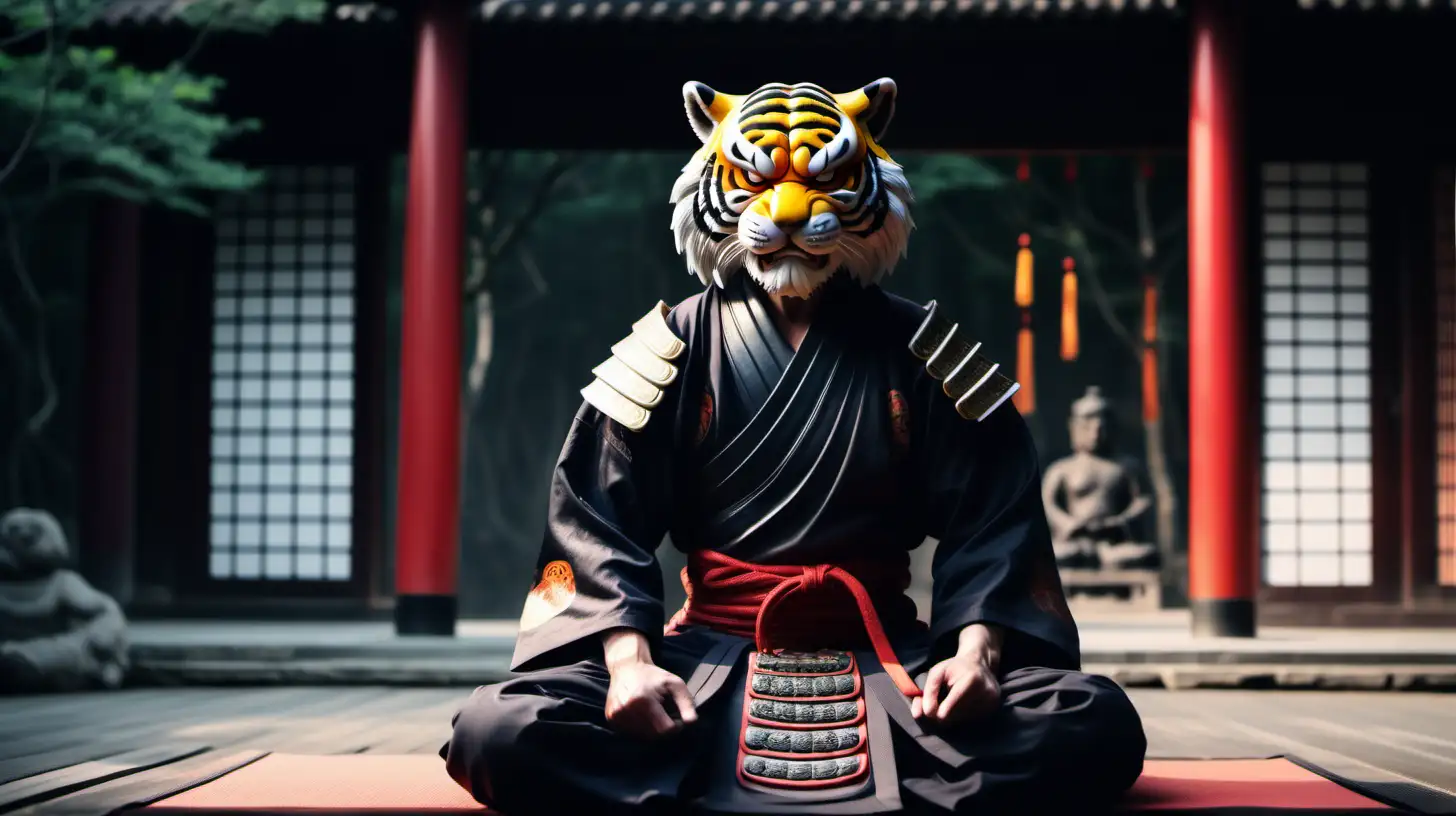 Samurai with the head of a tiger, meditating and ascending because he is mindful and peaceful in china, background a peaceful dojo 4k