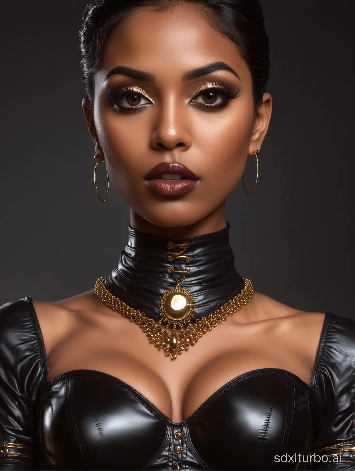 Tamil-Dominatrix-Woman-in-Glossy-Leather-Corset-with-Gold-Jewelry-and-Dark-Misty-Background
