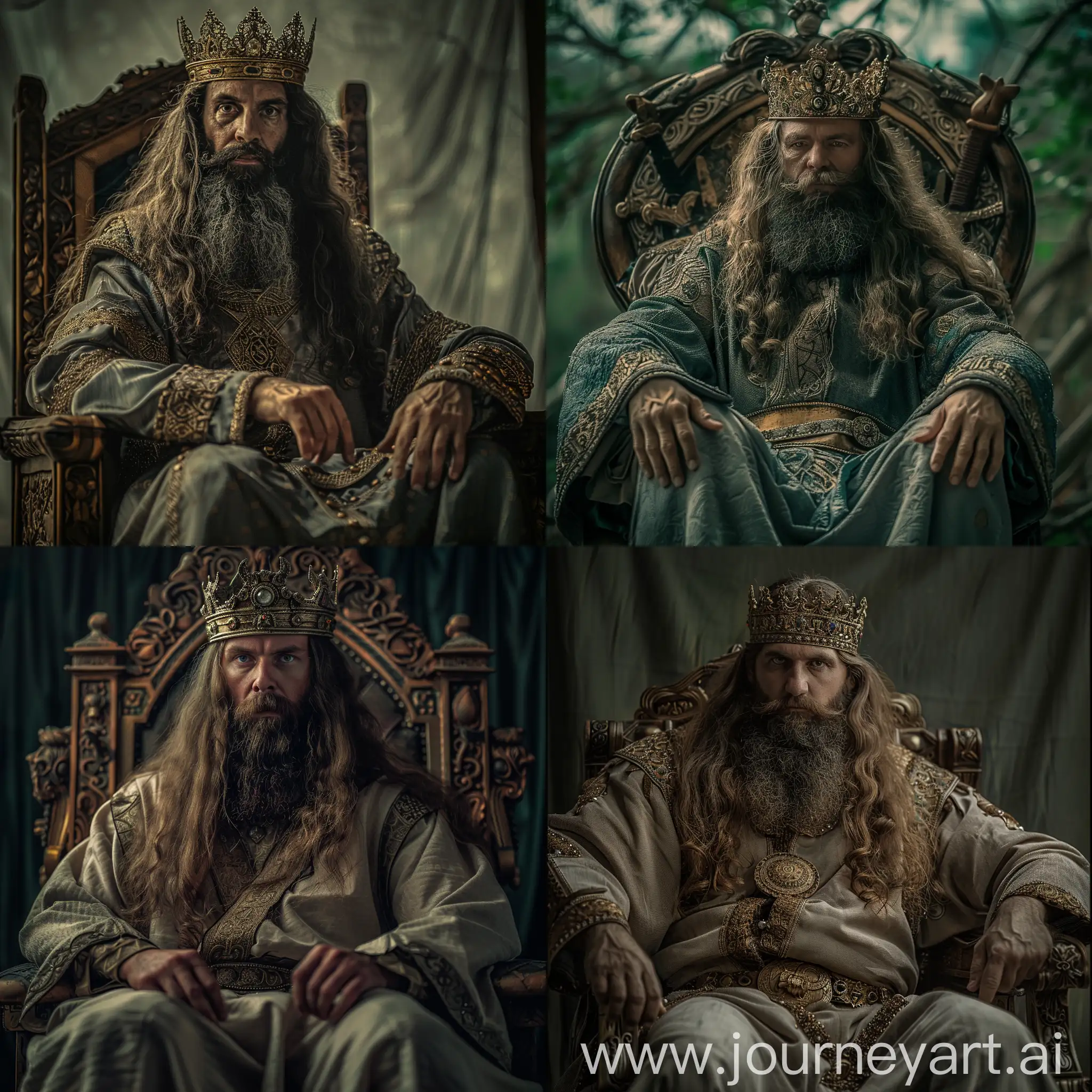 /imagine prompt: Lombard King Alboin, depicted in luxury tunic and king crown, long hair and long beard, sitting on throne comfortable, looking at the camera bold, Macro Photography, Overcast, Ricoh GR III, full body shot, Nikon AF-S 70-200mm, Moody Color Grading