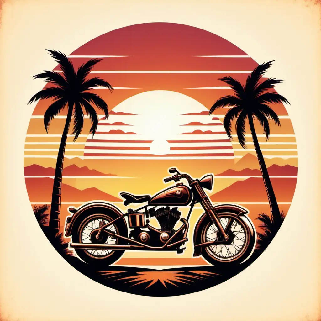 vintage motorcycle,backdrop retro BRIGHT BOLD sunset,incorporate elements like palm trees,use vintage colour pallete, white bachground,ROUND 