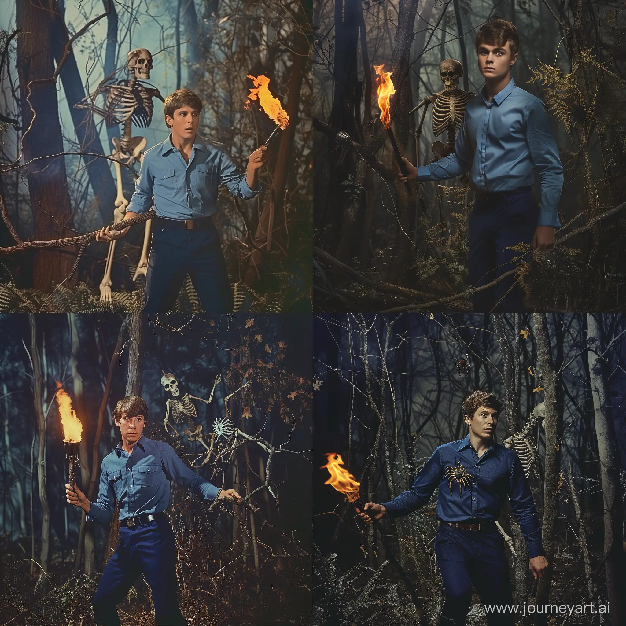 A 20 years old man in blue shirt and navy blue pants in a forest with a fire torch in hand, dark forest trees with no leaves, very dense forest, very big spider on branch with a skeleton behind the man, 1970s style dark fantasy theme.