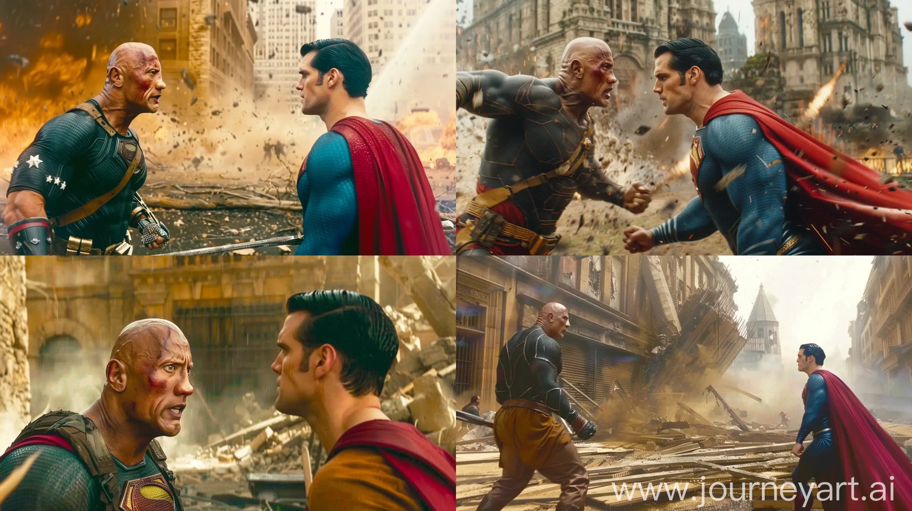 Dwayne johnson wearing as black adam facing Henry cavill as man of steel in middle of battle with alotof buildings are destroyed, mid camera angle with cinematic full body high quality action film,   UHD 8K , --ar 16:9 --s 900 --w 500 --v 6.0 --stylize 750