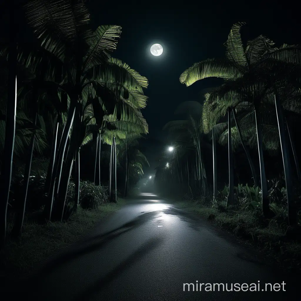 Eerie square photo of a village road in Indonesia at night decorated with moonlight, several banana trees on the side of the road cast eerie shadows, creating a dark, cinematic atmosphere with a seedy vibe --s 150 --ar 1:1 --c 5 -- v 5.2