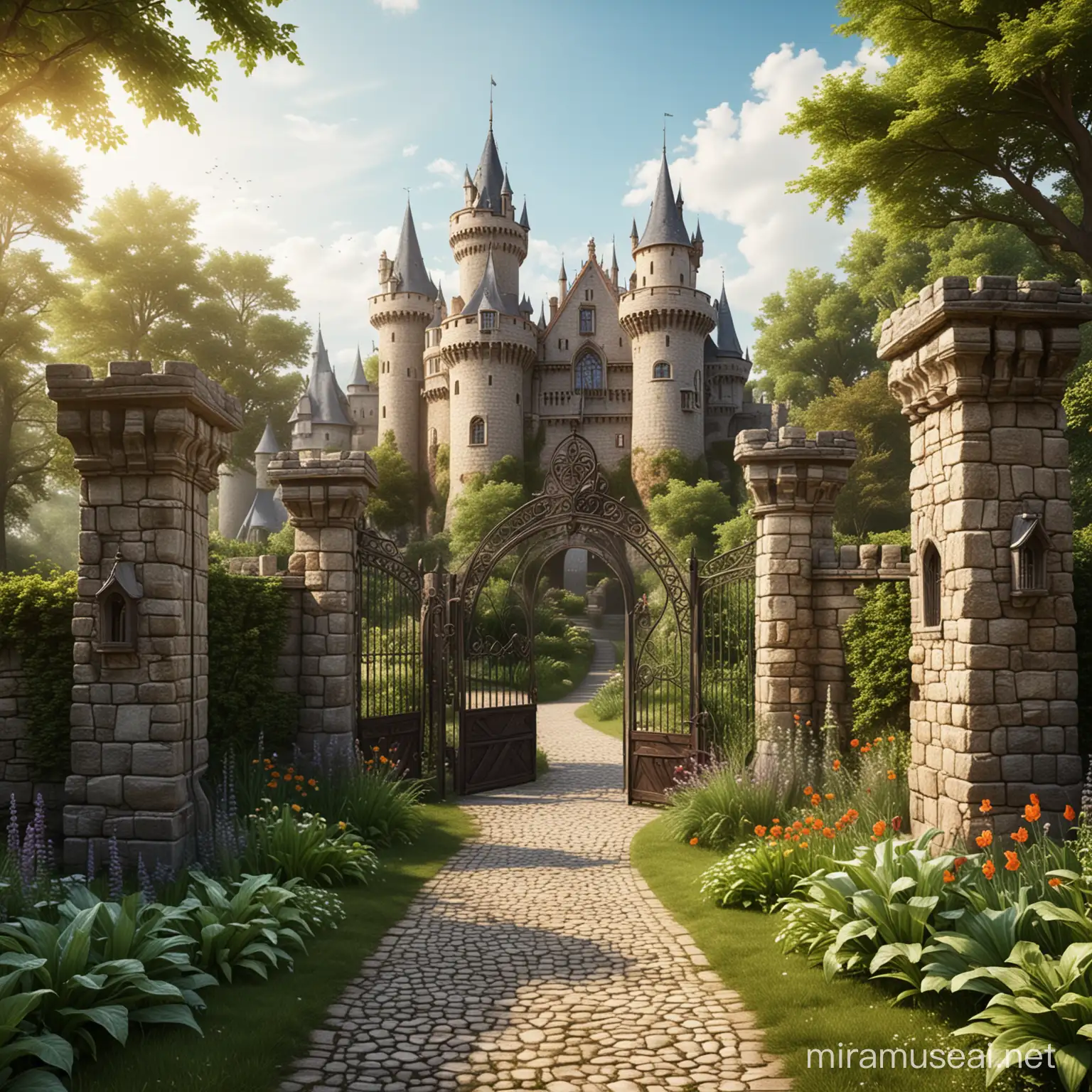 La imagen de una entrada de un jardin y de fondo un castillo medieval y de fantasia, estilo realista