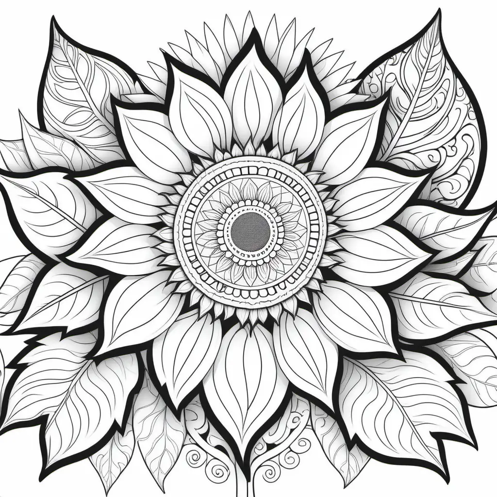 Intricate Mandala Sunflower Coloring Page with Whimsical Touch