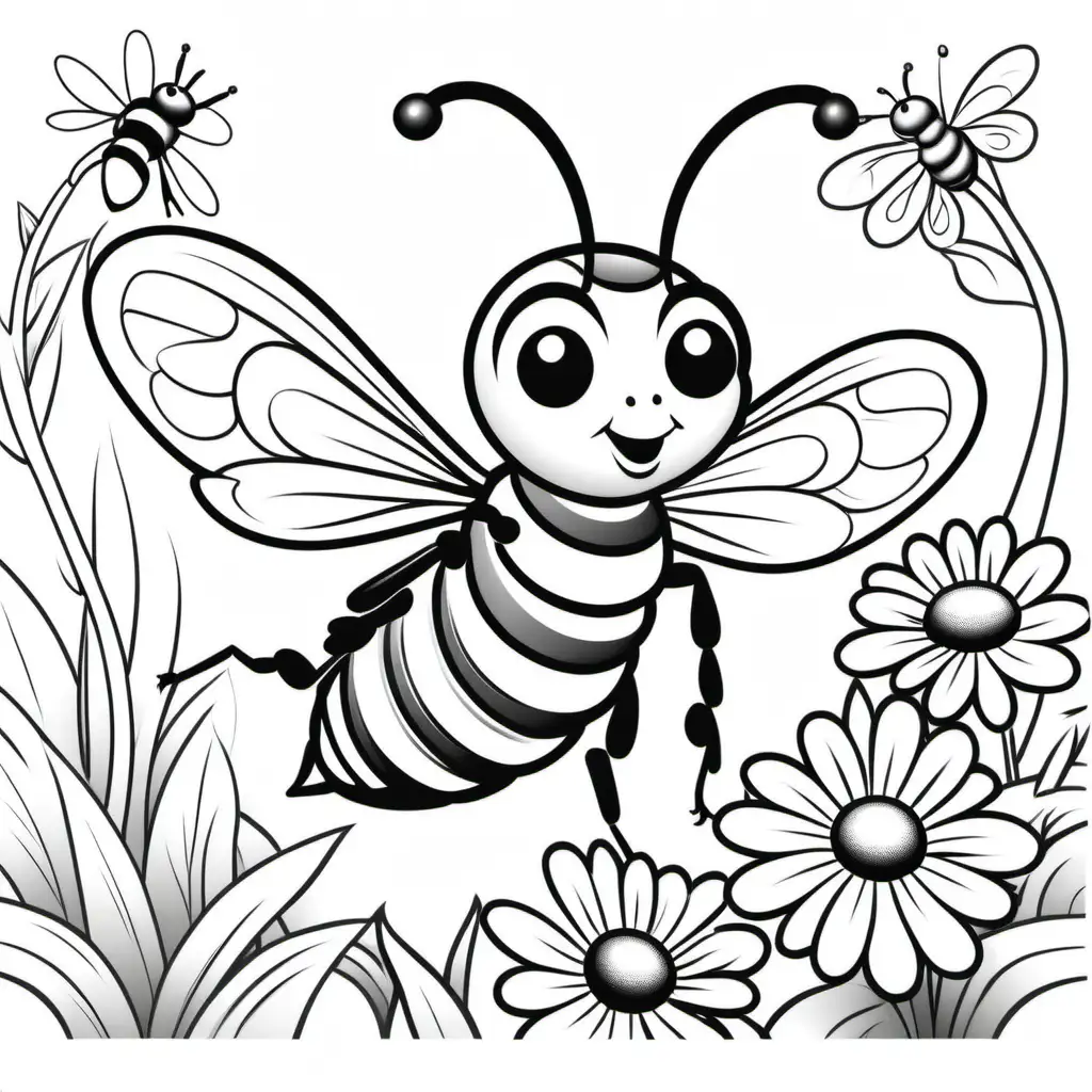 /imagine coloring page for kids, friendly hornet in the spring, cartoon style, thick lines, low shading --ar9:11


