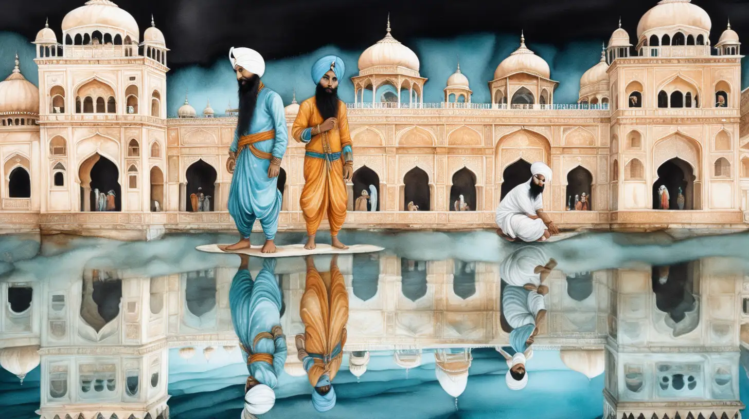 Sikh kids playing, watercolor, intricate details, art landscape mirrored on water's surface below, colour scheme centred on vibrant cream, white, ochre, aqua against a stark black, black negative space, backdrop, chiaroscuro enhancing the intricate details, in a digital Rendering “v6”