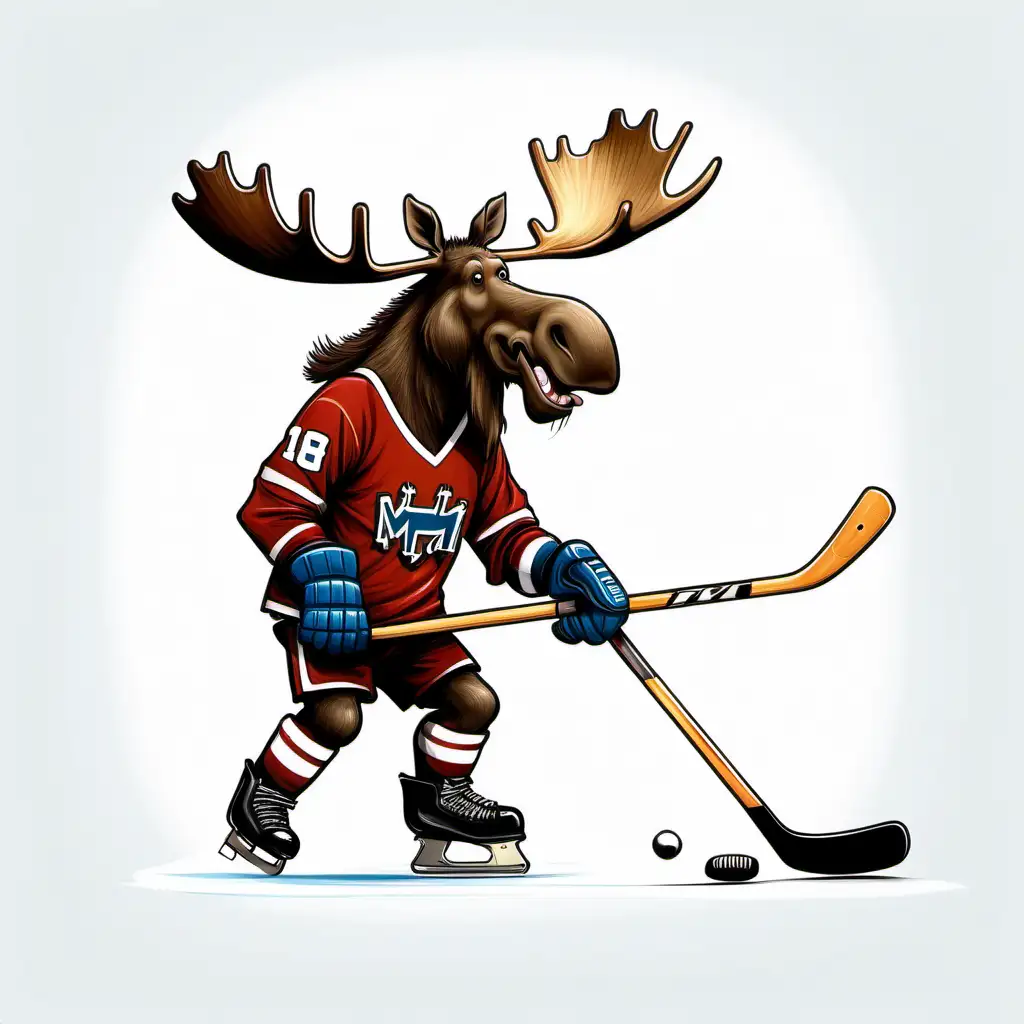 Whimsical Moose Playing Hockey on a Clean White Background