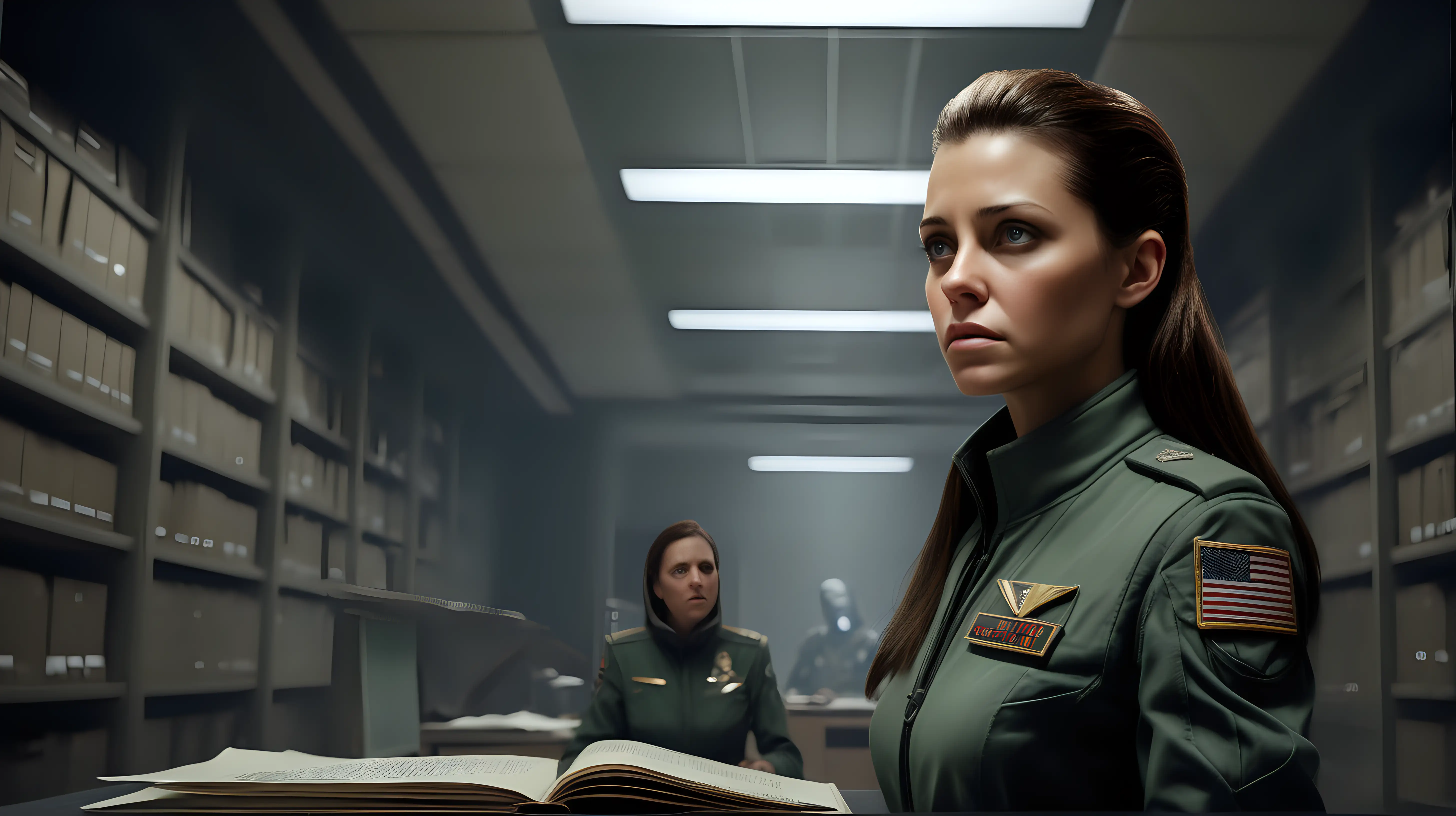 Create an image capturing Commander Alexis in the archives room, torn between duty and compassion, as they decide to help the aliens. Convey the internal struggle.