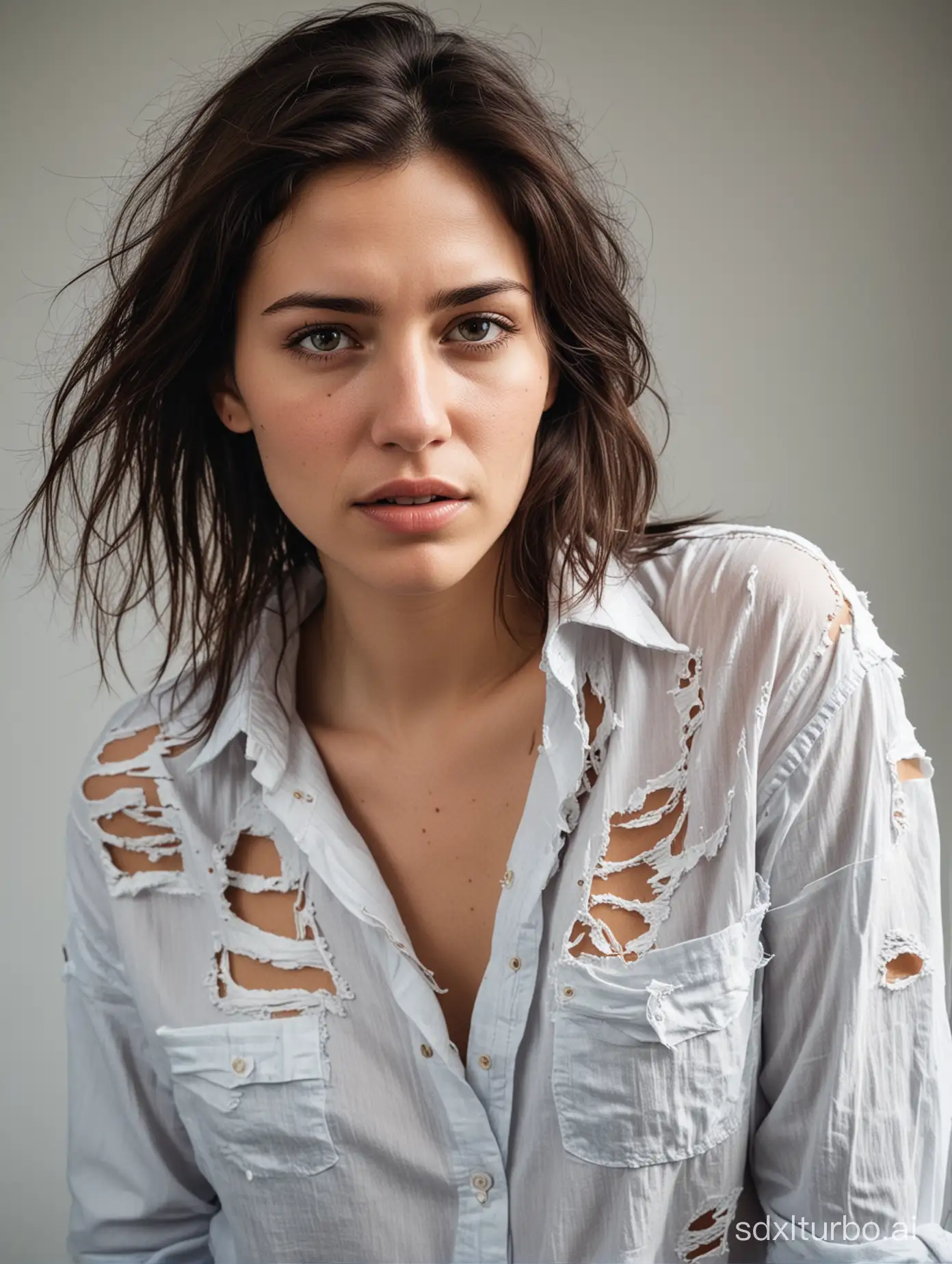 A woman wearing a torn ripped disheveled shirt with holes that exposes her skin