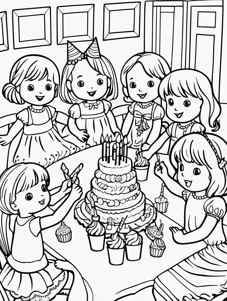 Waldorf doll birthday party for all her friends having fun together. Black and white coloring page for kids.