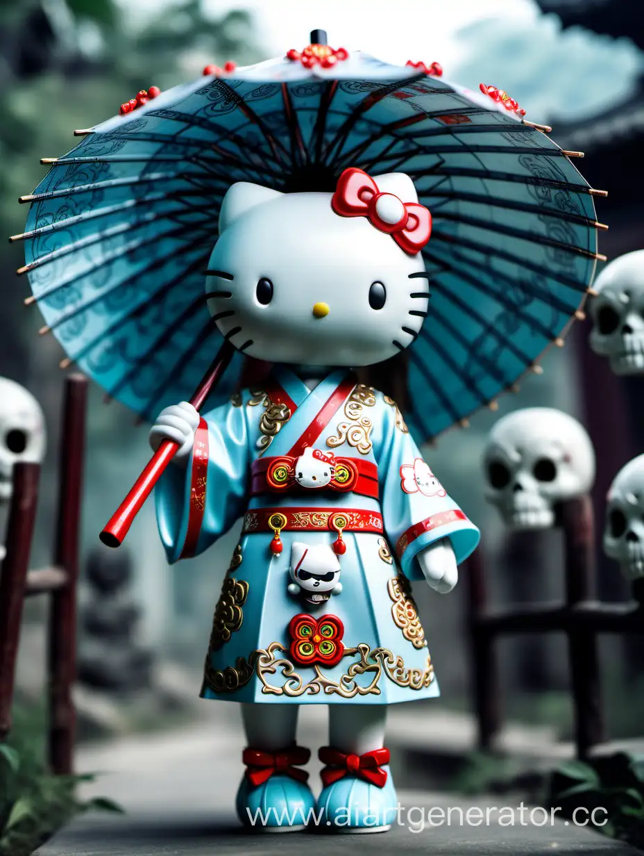 thin humanoid Hello Kitty with long legs, fair hair in detailed short light blue Chinese dress with skulls ornaments, holds Chinese umbrella in hand, beautiful background