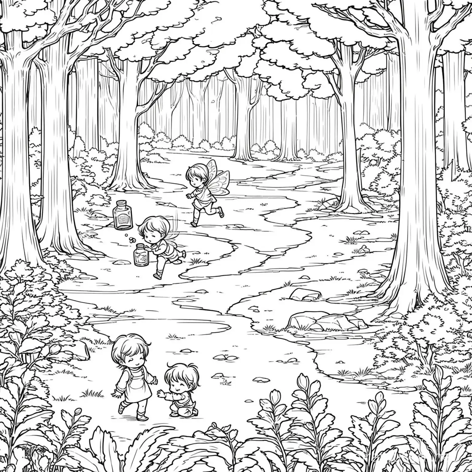 small kids colouring book format,line art  there are evergreens, and the forest is full of forest fairies and sprites, One Sprite is sleeping in a tiny, old square, heinz glass bottle. A 5 year old girl and 2 year old boy find the small bottle. They cannot see the mischievious sprint as he is invisible