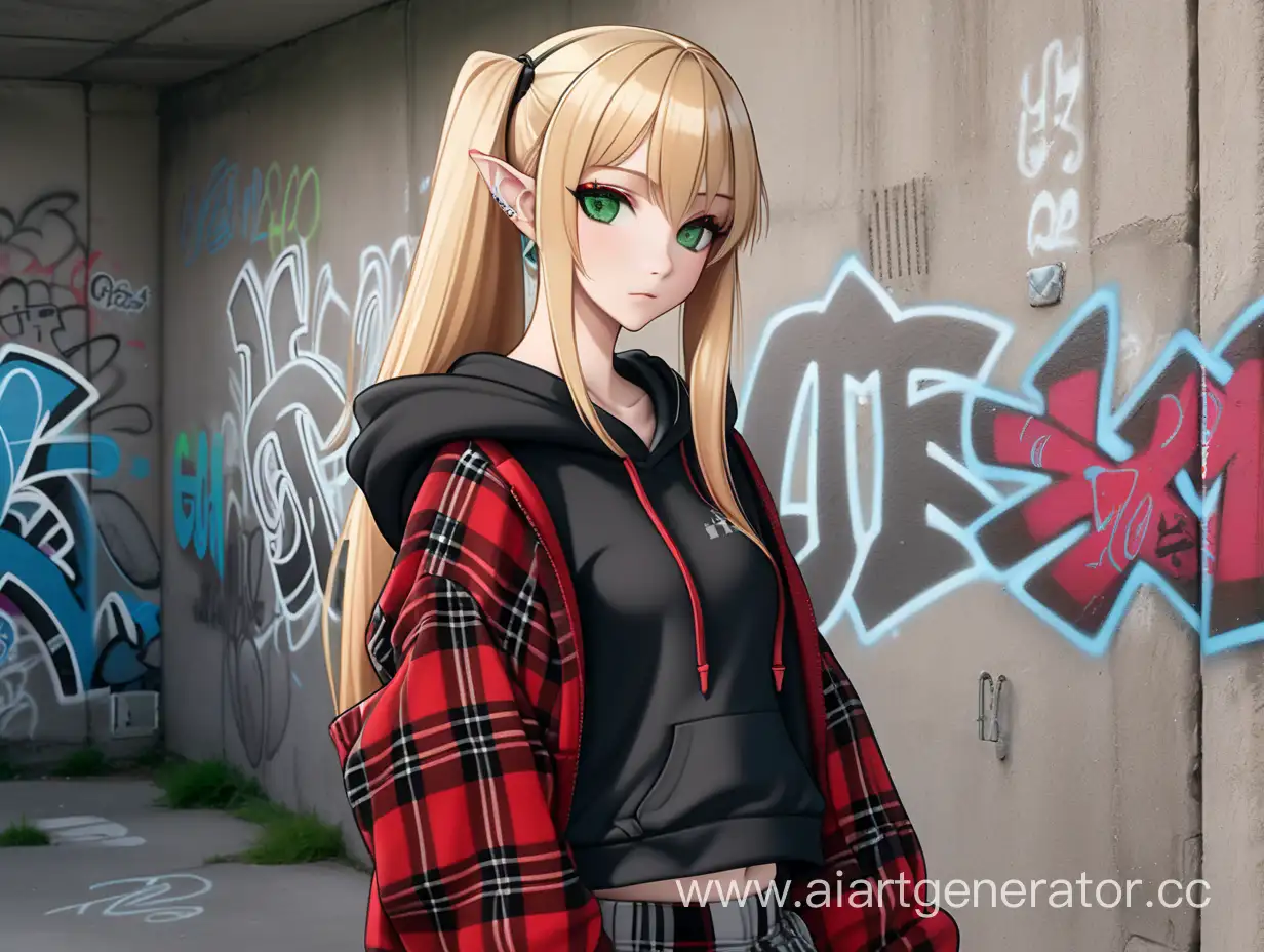 Блондинка с ушками эльфа и серо-зелеными глазами ,в черной толстовке с капюшоном и юбке в красную клетку стоит на фоне бетонной стены с граффити .В стиле аниме