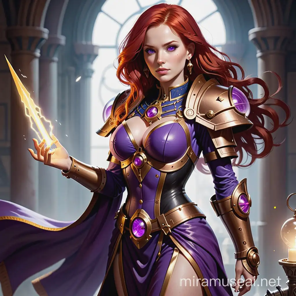 Warhammer 40k navigator woman. shoter red hair. she wears a violet long dress with a golden chestplate. she has an hourglass figure and is skinny. she has an extra eye on her forehead. she wields violet warp magic. 