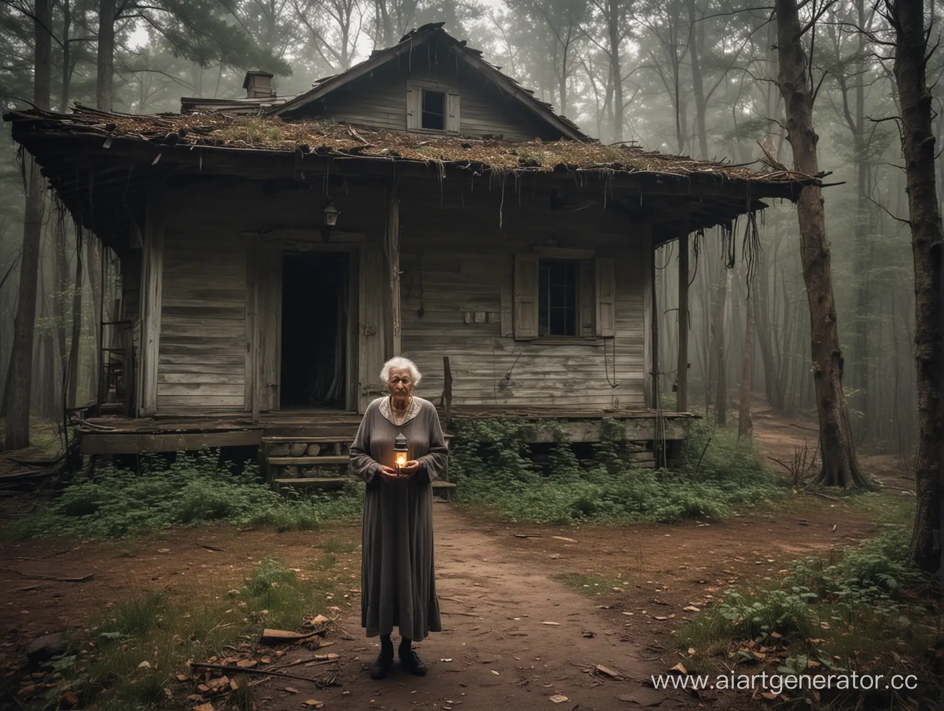 Eerie-Abandoned-Forest-House-with-Mysterious-Grandmother-Holding-Lamp