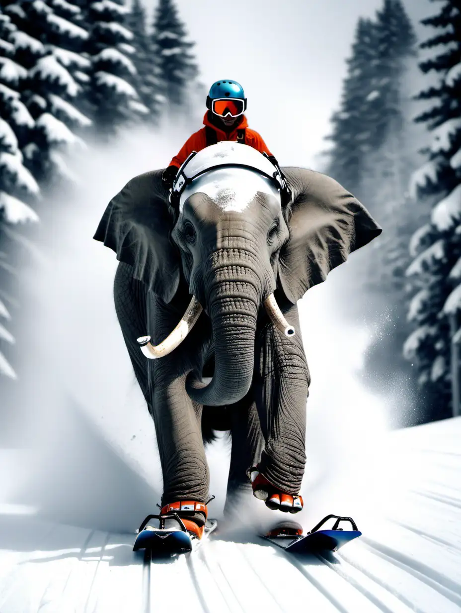 Adventurous Elephant Skiing in Deep Powder with a Safety Helmet | MUSE AI