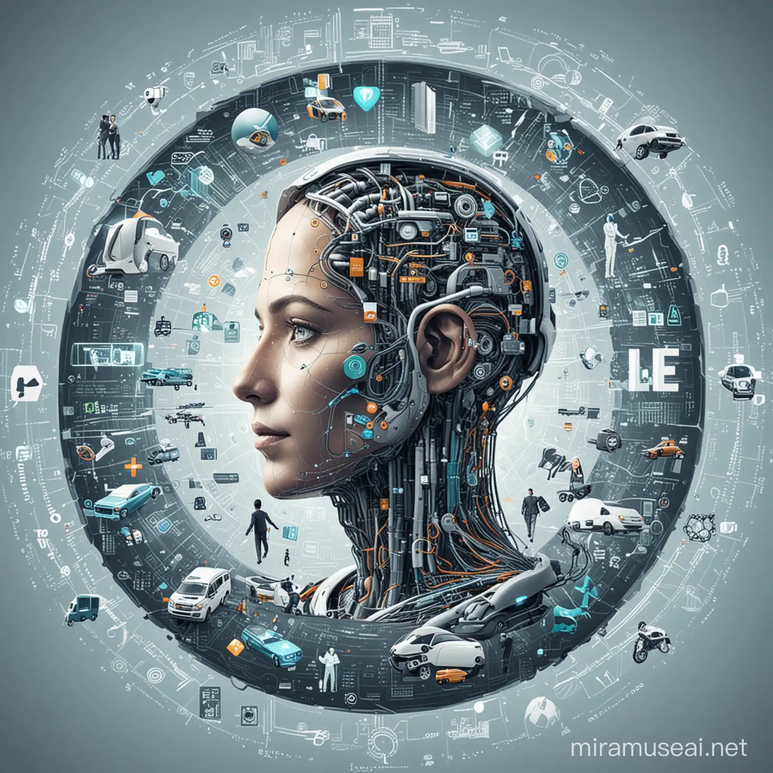 A futuristic image depicting the integration of AI in various aspects of life, such as healthcare, finance, and transportation.