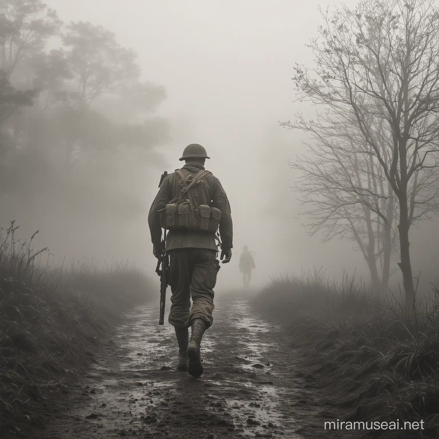 Lonely Soldier Walking into Mystical Mist