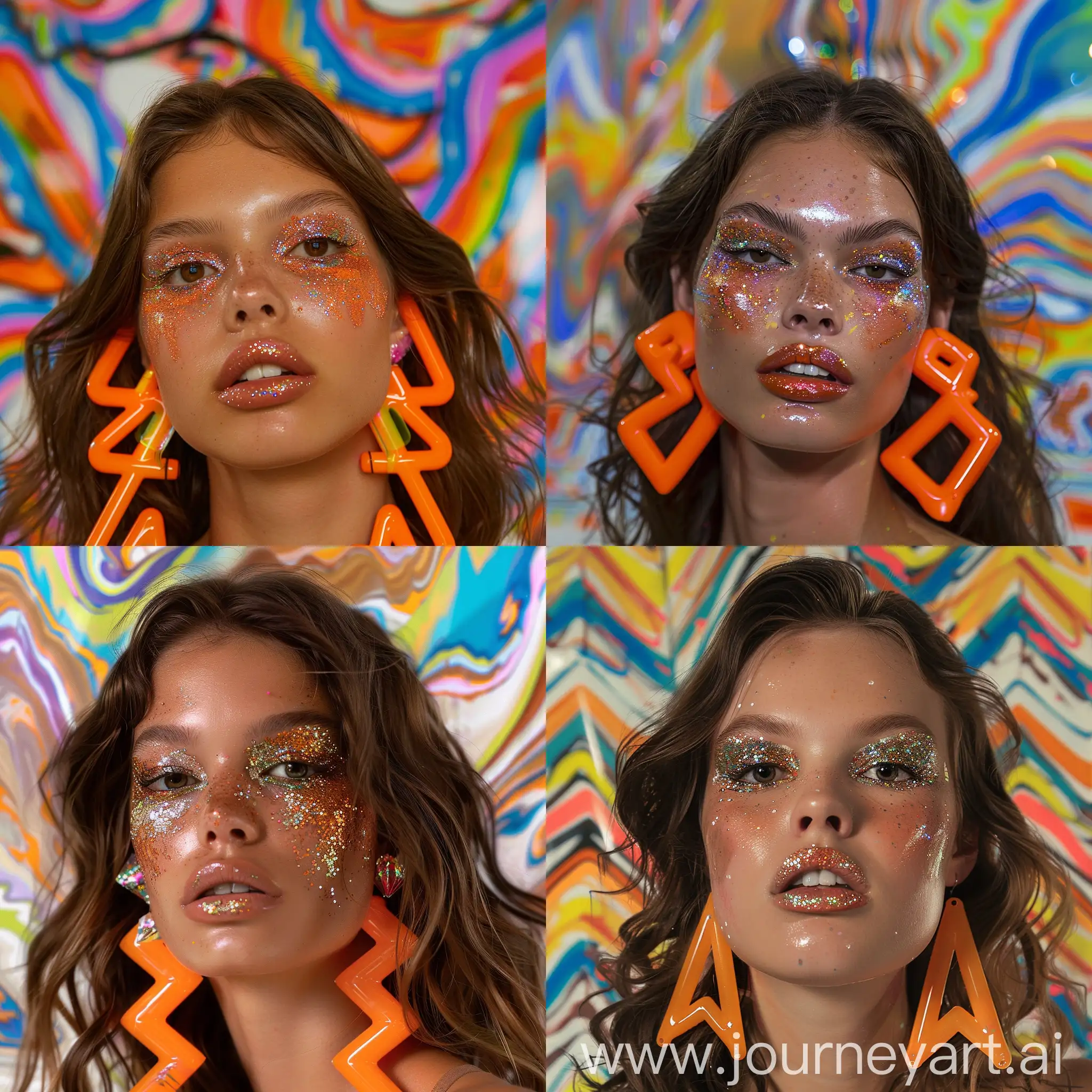 Closeup-Portrait-of-BrownHaired-Model-with-Glitter-Eyeshadow-and-ZigZag-Earrings-Against-Abstract-Canvas