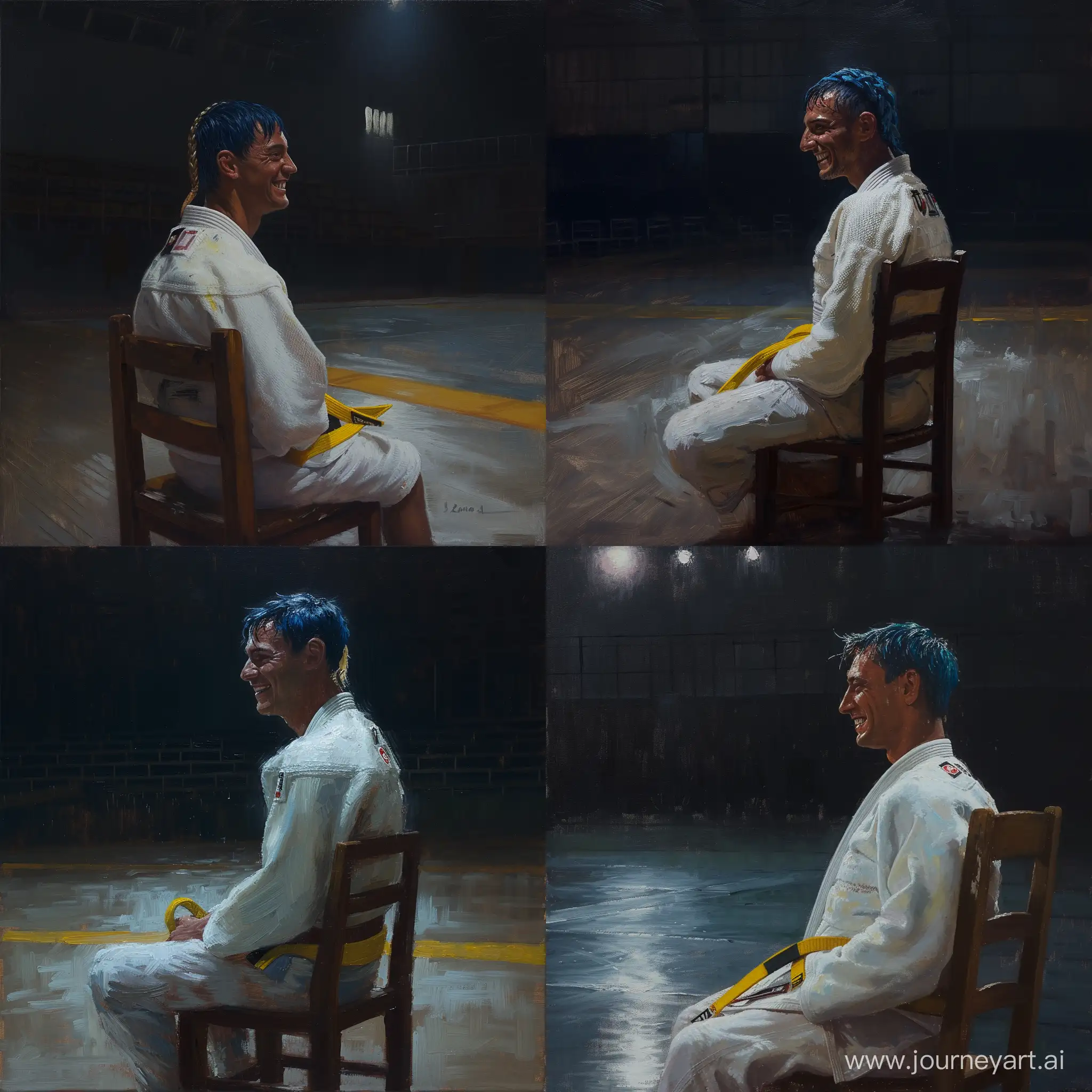Oil paint. Full side shot of Moreno Renzi sitting alone on a wooden chair in a dark, empty sports hall. An exhausted smile. Very tanned skin. Very sweaty, dark blue hair, parted on the side with a small blonde French braid. Dimples. High quality wide white judo top. Long white judo. Yellow judo belt. Dimly lit on one side. Very dark background. Backlight glow. sincere. Facing to one side