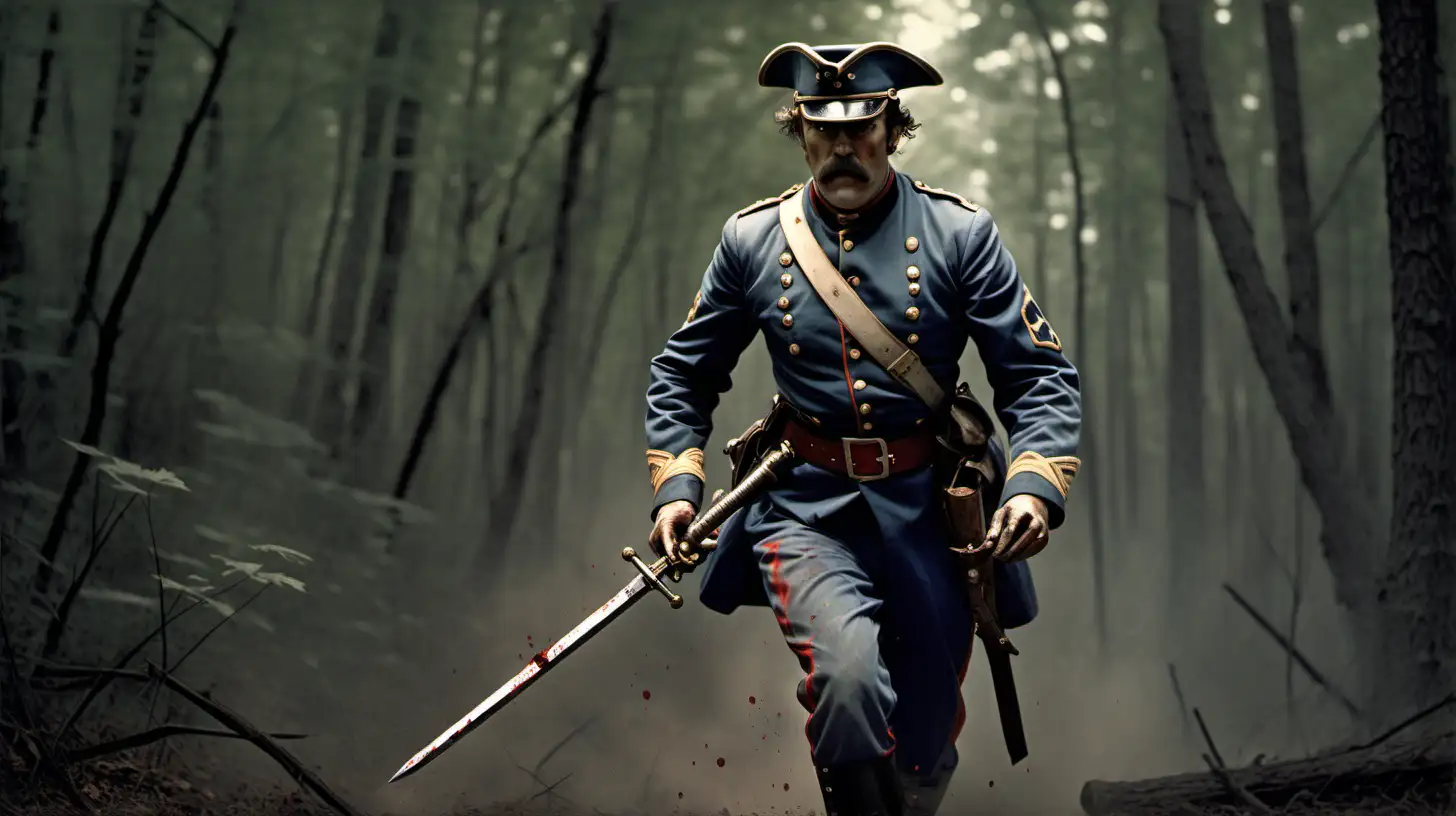 Captain Rayburn is described as an officer in Confederate cavalry uniform, in his 30s, and appearing rough and battle worn. ​ He is seen rushing through the forest with a bloodstained calvary sword. 