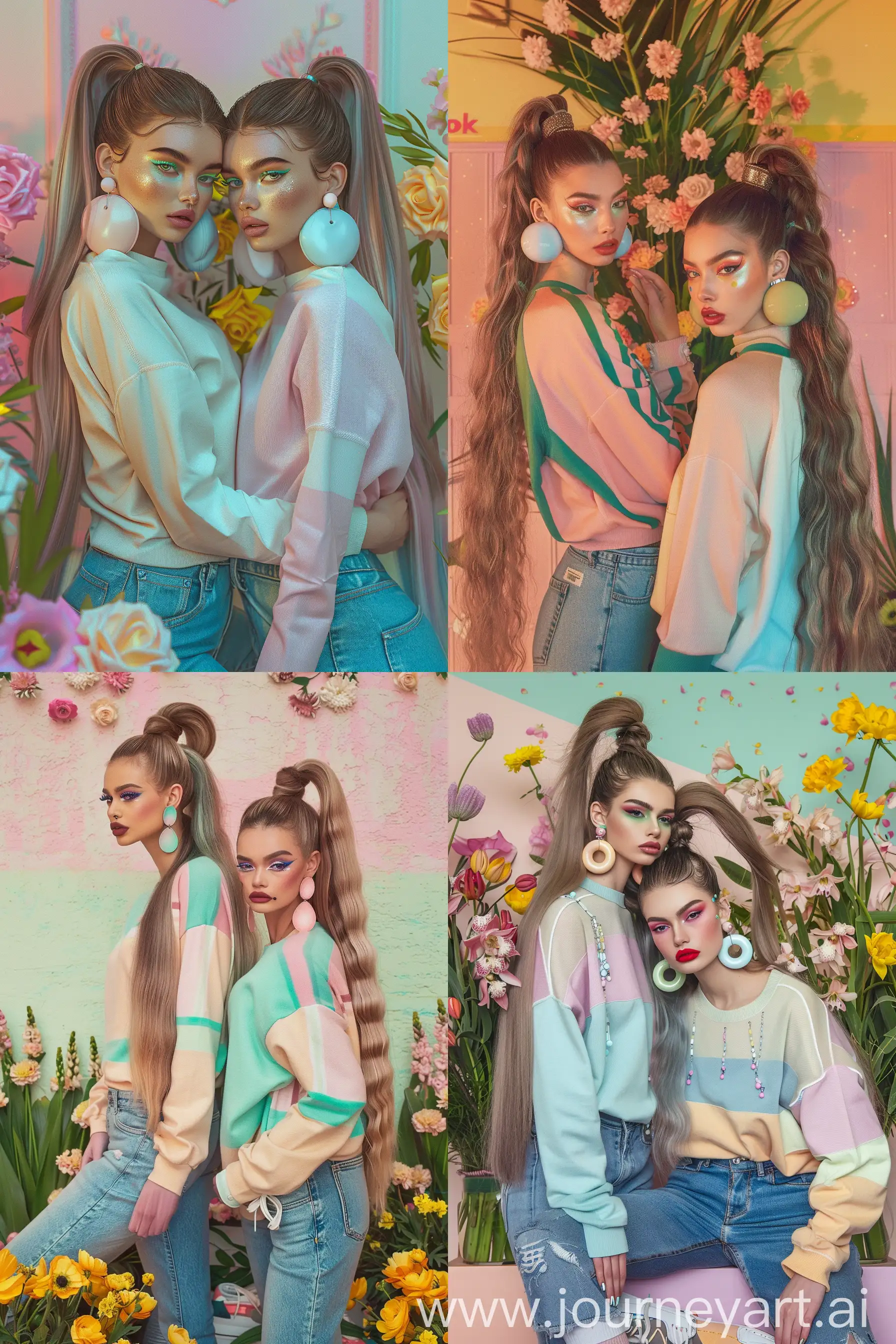 a photo of two females with super long hair in a ponytail, they have big pastel color earrings and make up, they are wearing pastel jersey and jeans, they wear sneakers, in front of a pastel wall with real flowers, realistic --v 6.0 --ar 2:3