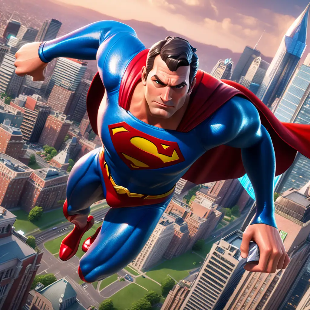 I need a Fortnite style superhero in a superman style that flies above a city
