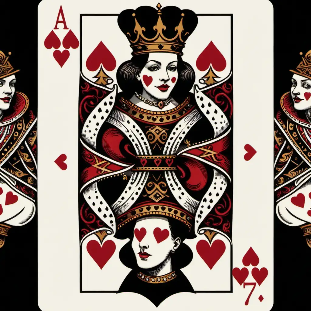 Queen of hearts playing card, surrounded by aces and sevens playing cards