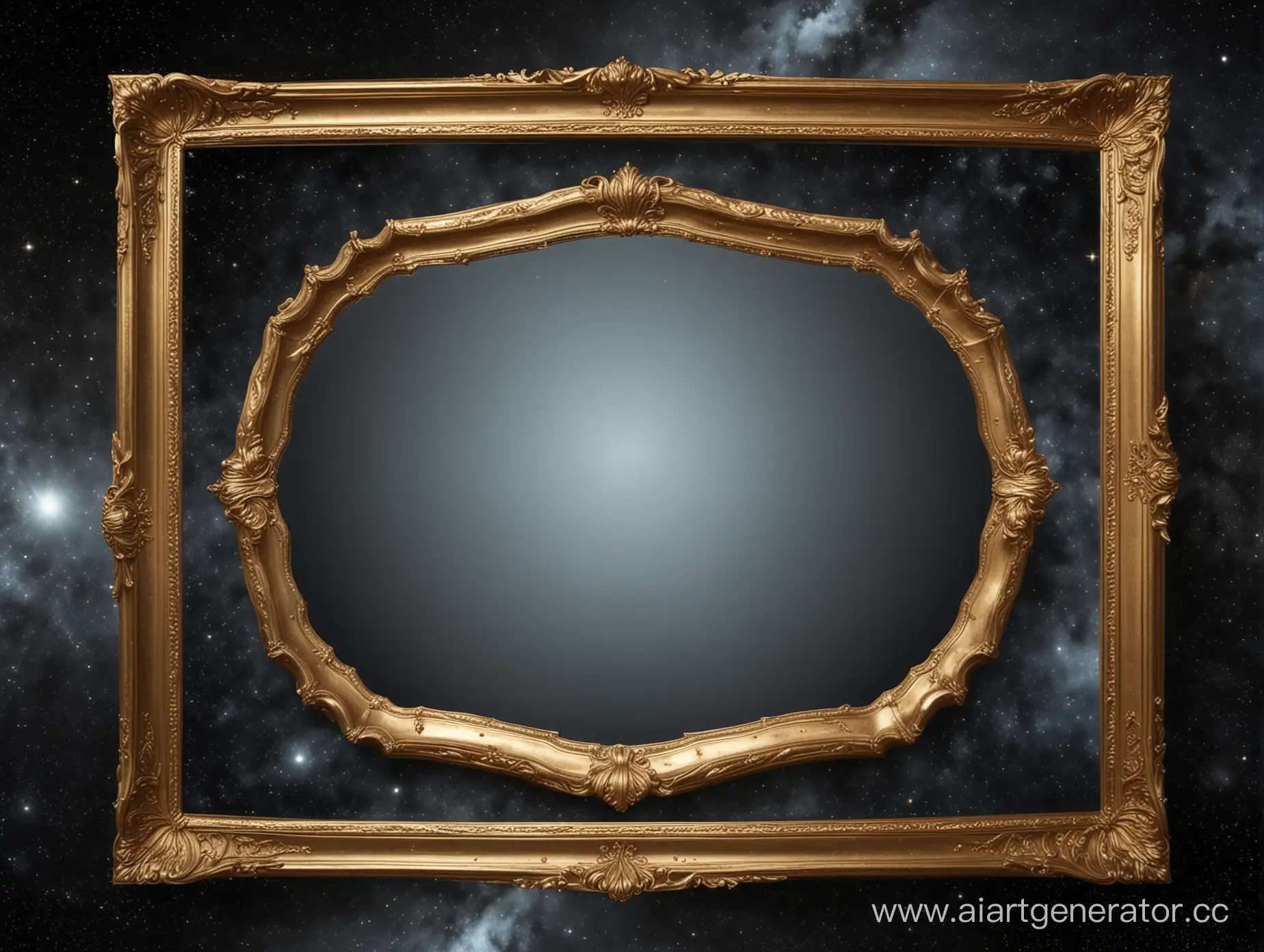 Фон для текста, зеркало с золотой рамкой в космосе, оно расположено по центру кадра и видно полностью