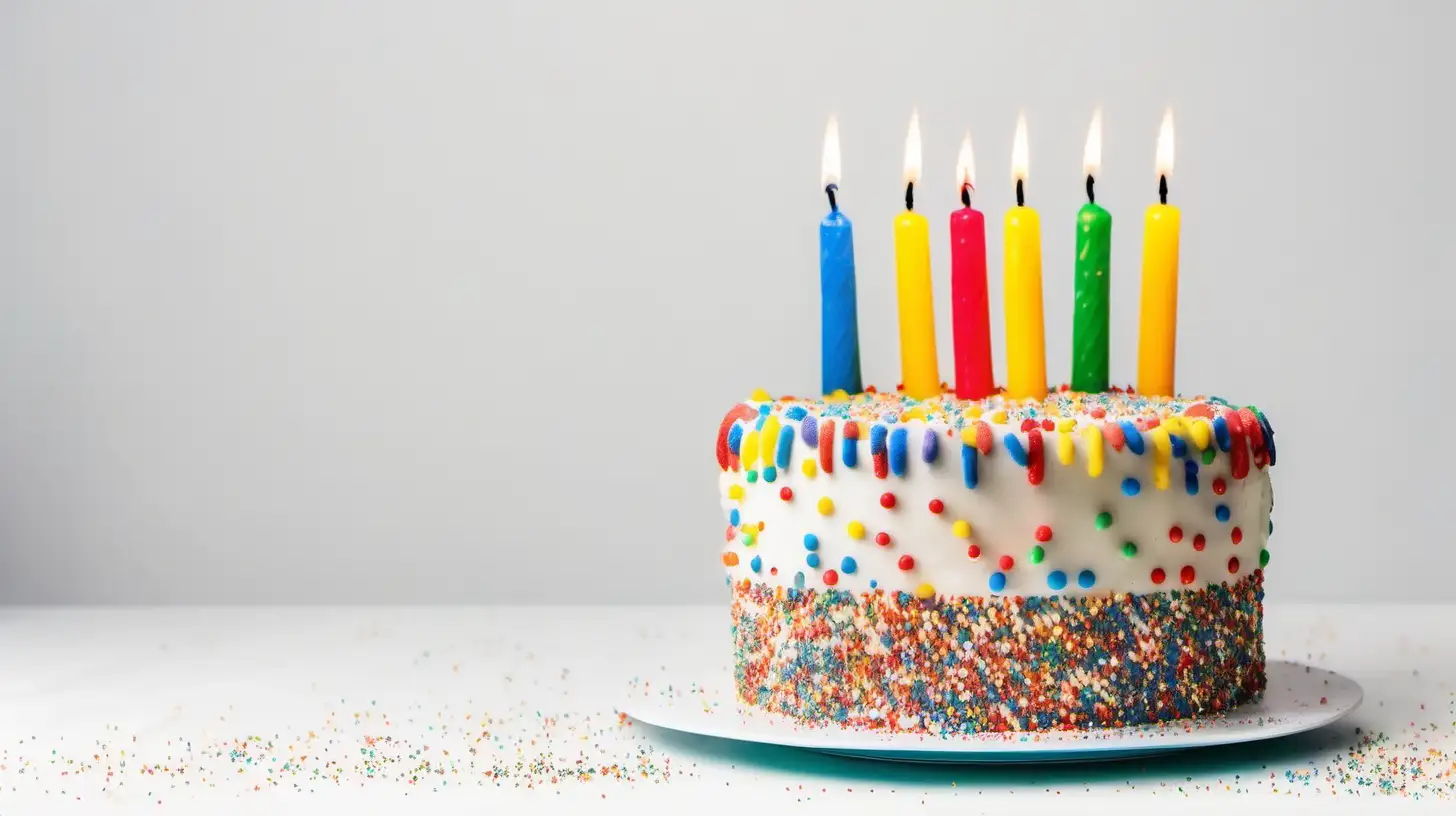 Birthday cake decorated with colorful sprinkles and ten candles, clear text space, white background, soft light
