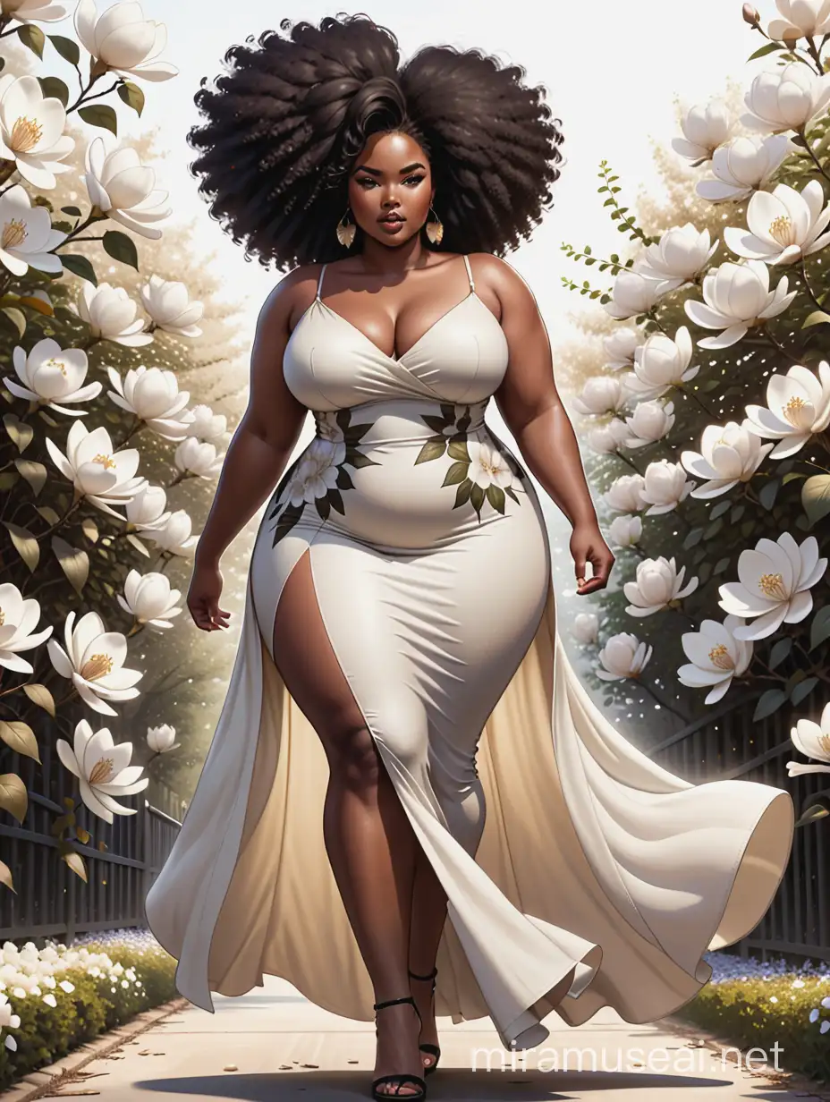 create an comic book art image of an African plus size female walking gracefully with up to the knee heels and wearing an off-white maxi dress design  with tons of platiumium magnolia flowers following her trail while she walk. Prominent makeup and hazel eyes. Highly detailed a very large black and  platiumium ombre afro with tons of black and  platiumiumflowers.