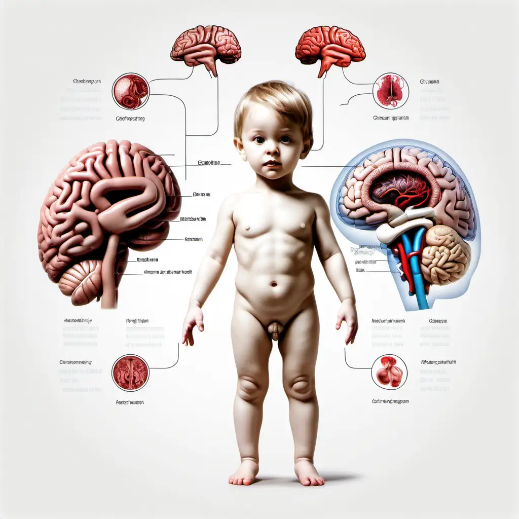 bílé pozadí_create a real illustration lidské tělo, celá postava, dětská postava, zobrazené jsou orgány, mozek and clearly labeled.
