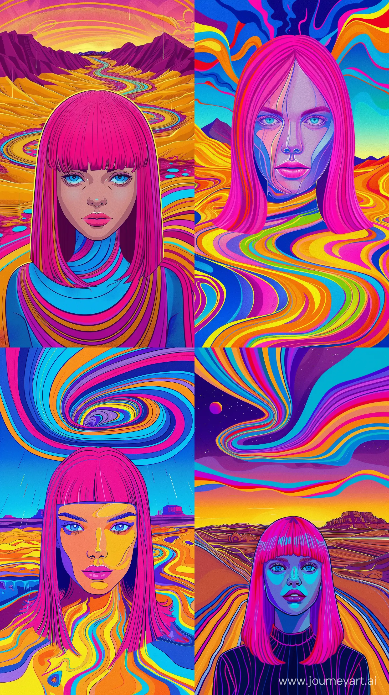 Hyperintense colorblast the complexity and interconnectedness of the Desert after Rain,Morning,Golden hour, with a supermodel girl, neon fuchsia straight shoulder length hair, blue eyes, symmetrical face, vibrant and swirling lines representing the landscape. The colors used are bold and saturated, evoking a sense of energy and vitality. Art Form/Style: Digital illustration with abstract and surreal elements, using bold and contrasting colors to create visual impact. Artist References: Georgia o'keeffe --ar 9:16