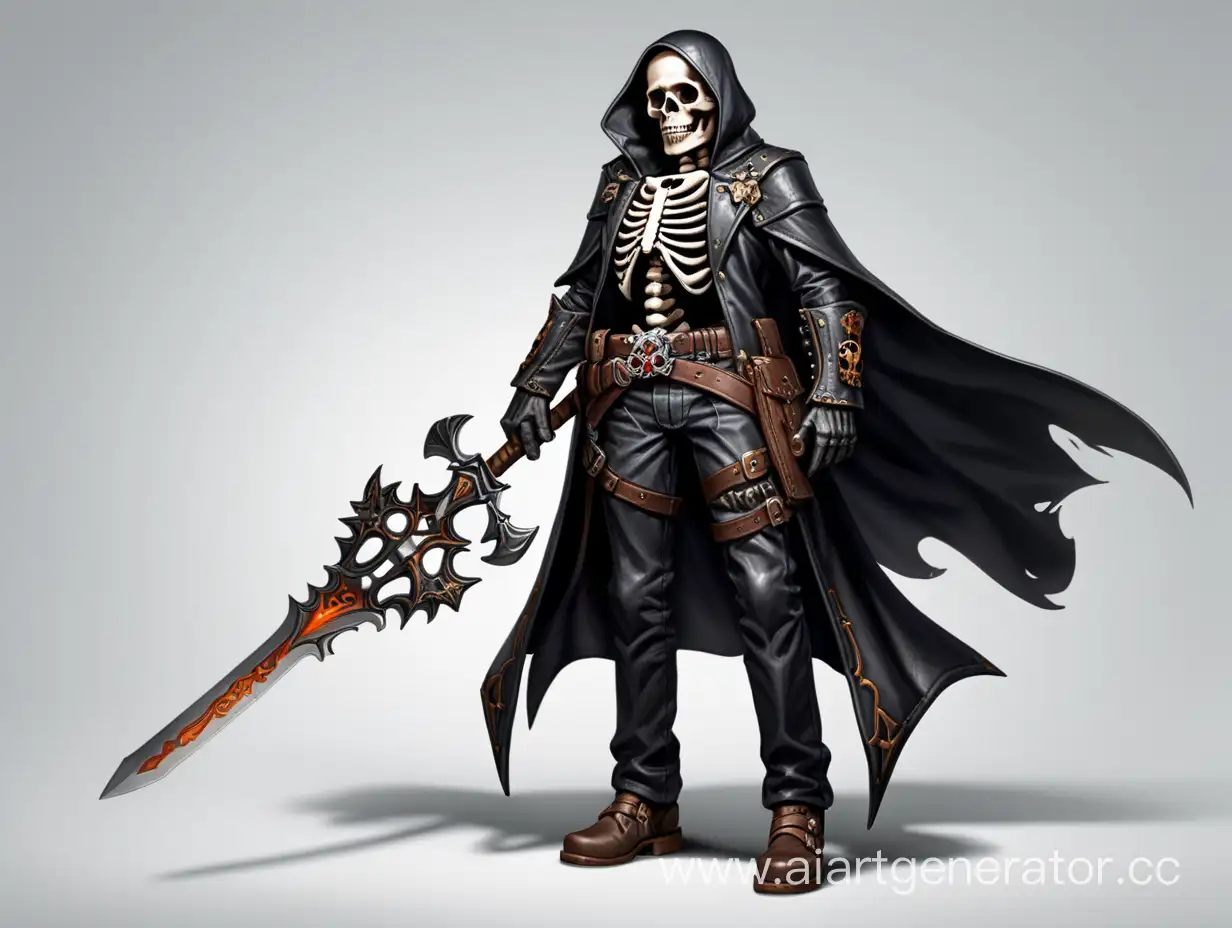 скелет некромант Морган 
с мечом поделенным на два он в кожаном рубаха и штаны и в кожаных перчатках и имеет плащ 
