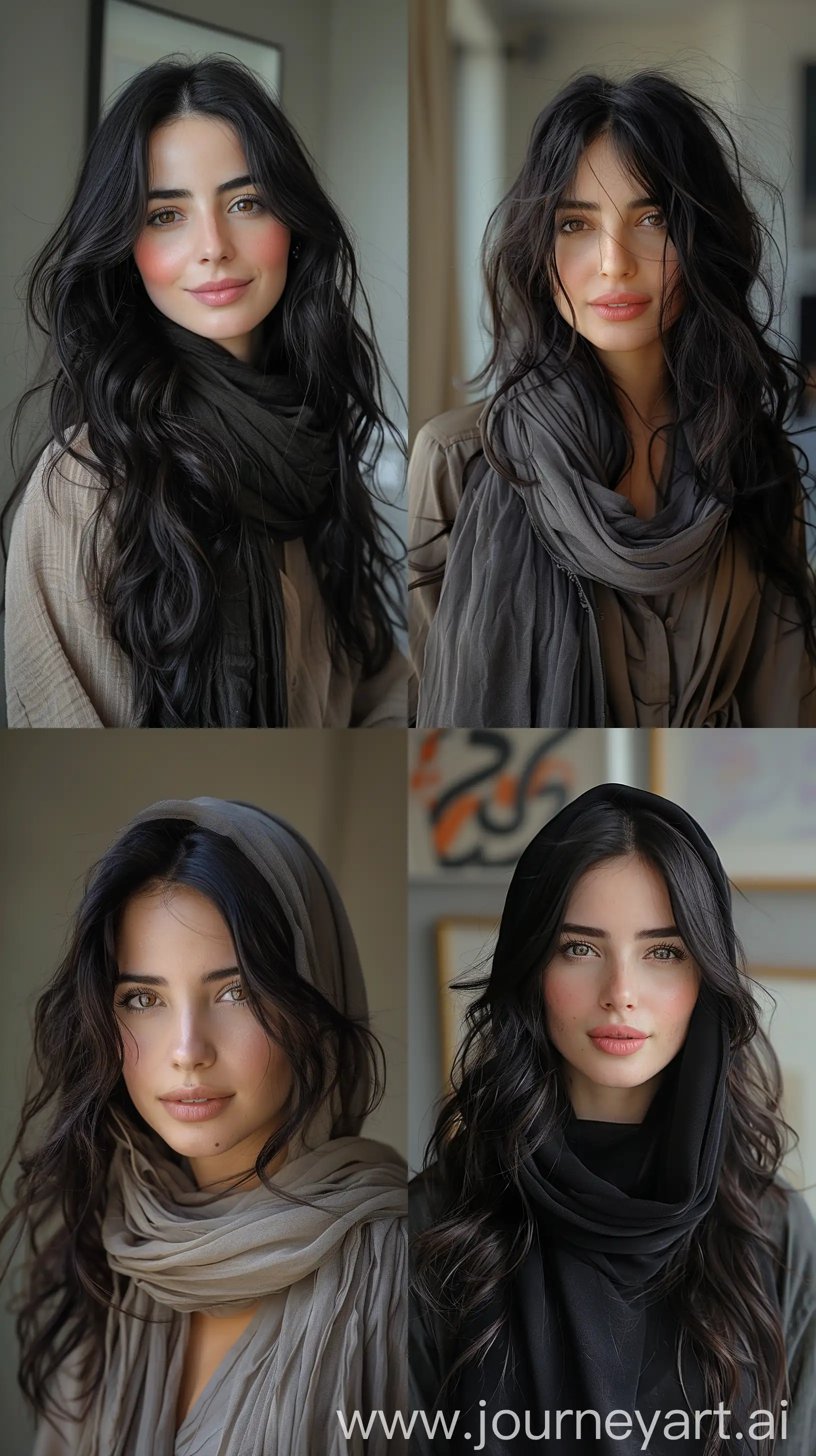 a realistic photo of a [iranian 21 year old woman], with [long, wavy, dark hair], looks like [Dakota Johnson] and [Felicity Jones],with hijab,happy, in color, wearing clothes, light makeup, looking [innocent, cute, flushed], [light] skin --ar 9:16 --stylize 750 --v 6